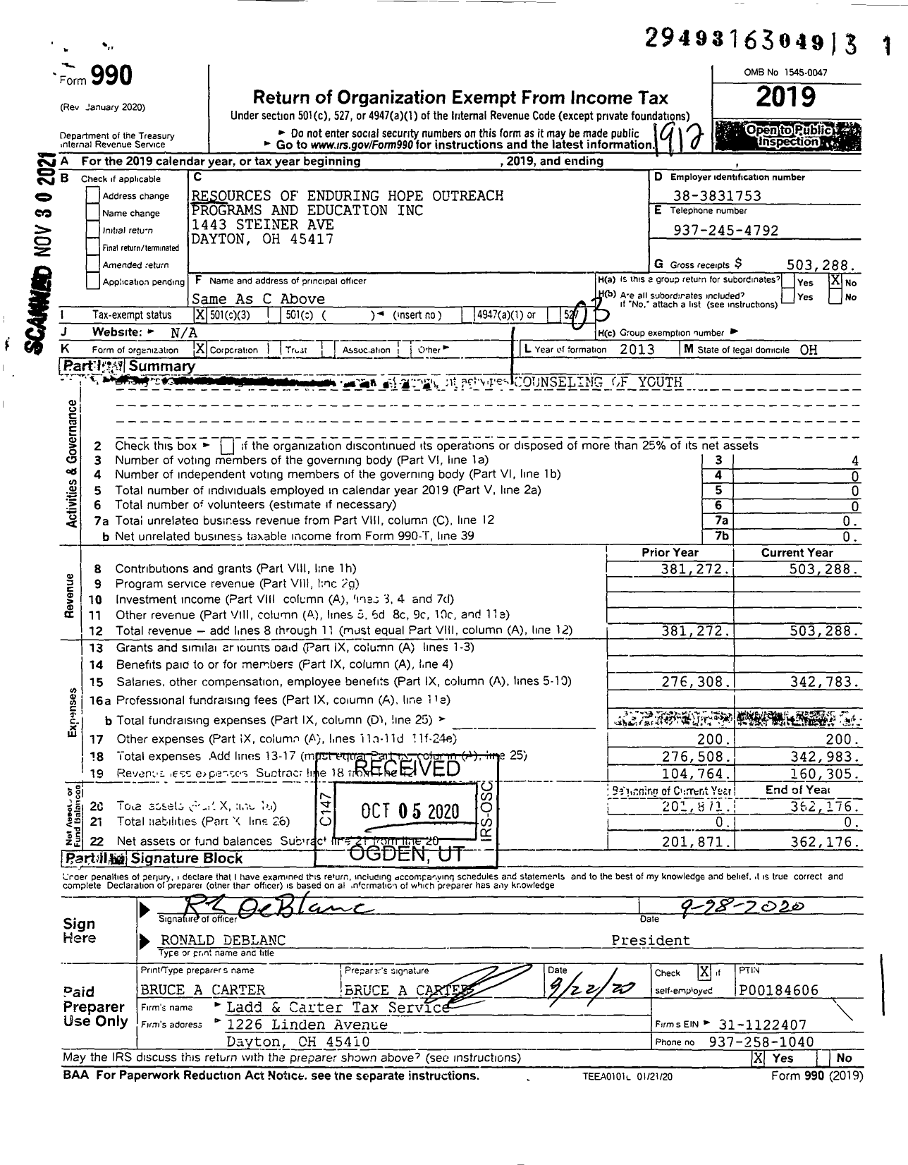 Image of first page of 2019 Form 990 for Resources of Enduring Hope Outreach Programs and Education