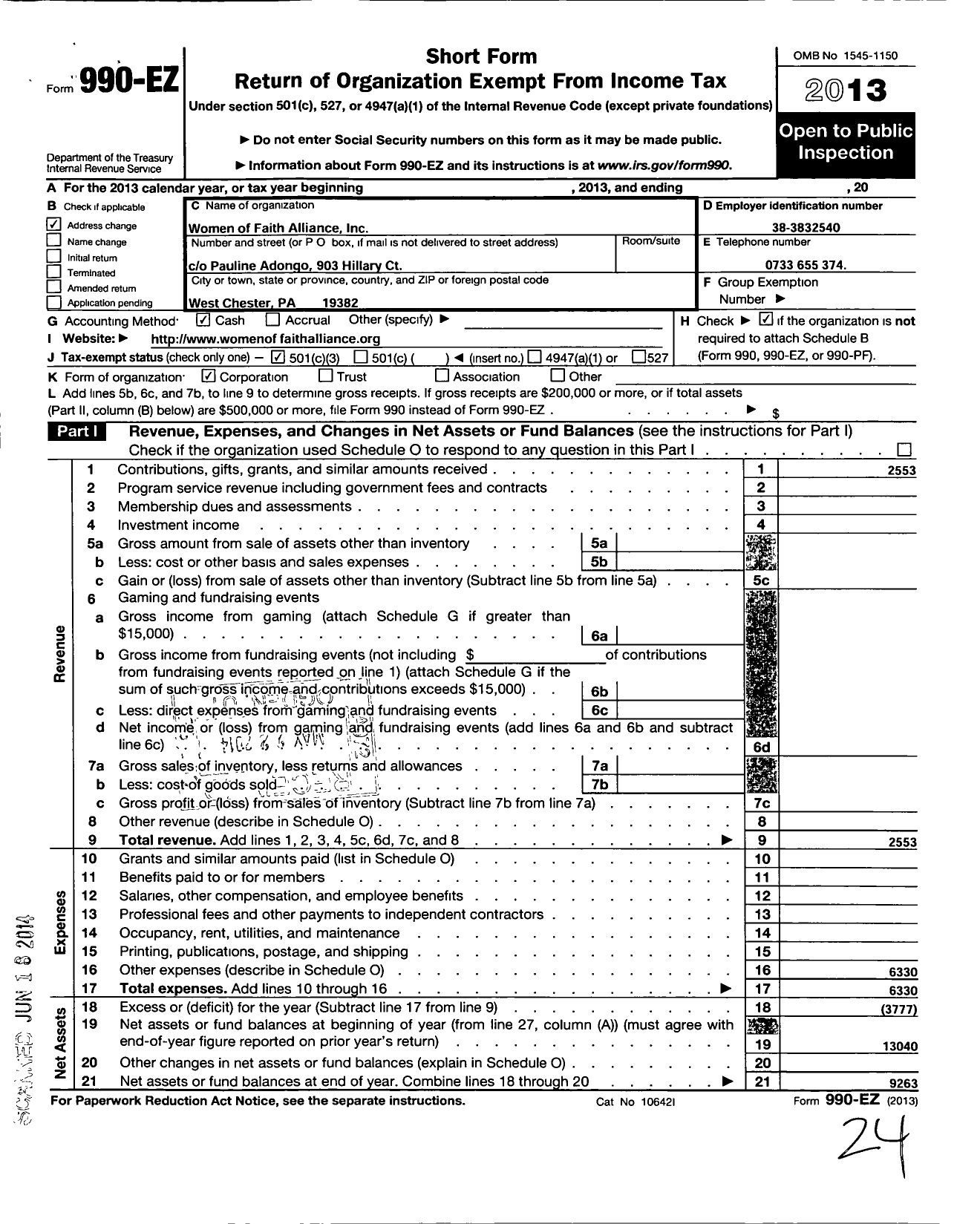 Image of first page of 2013 Form 990EZ for Women of Faith Alliance