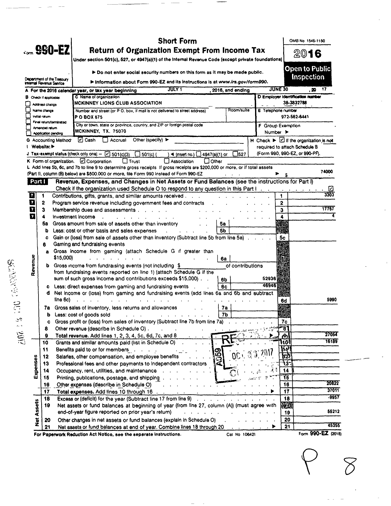 Image of first page of 2016 Form 990EZ for Mckinney Lions Club Association