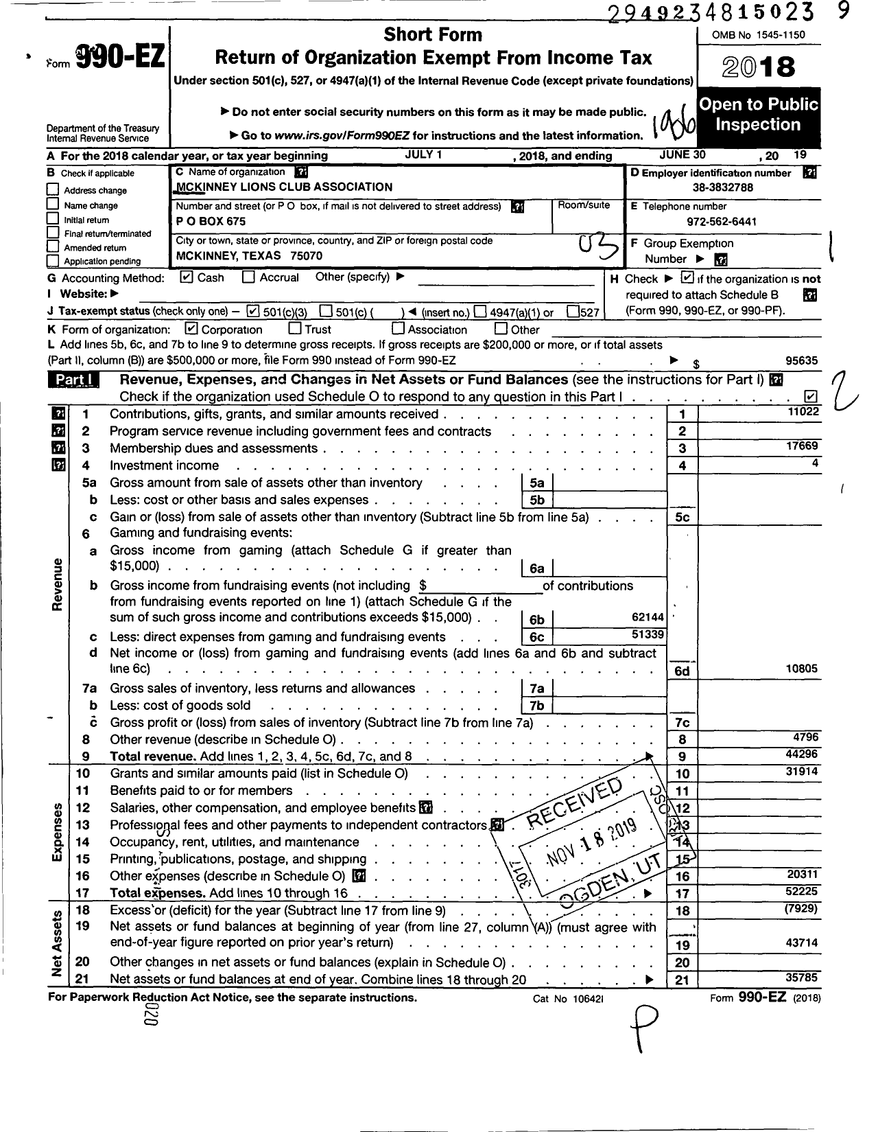 Image of first page of 2018 Form 990EZ for Mckinney Lions Club Association