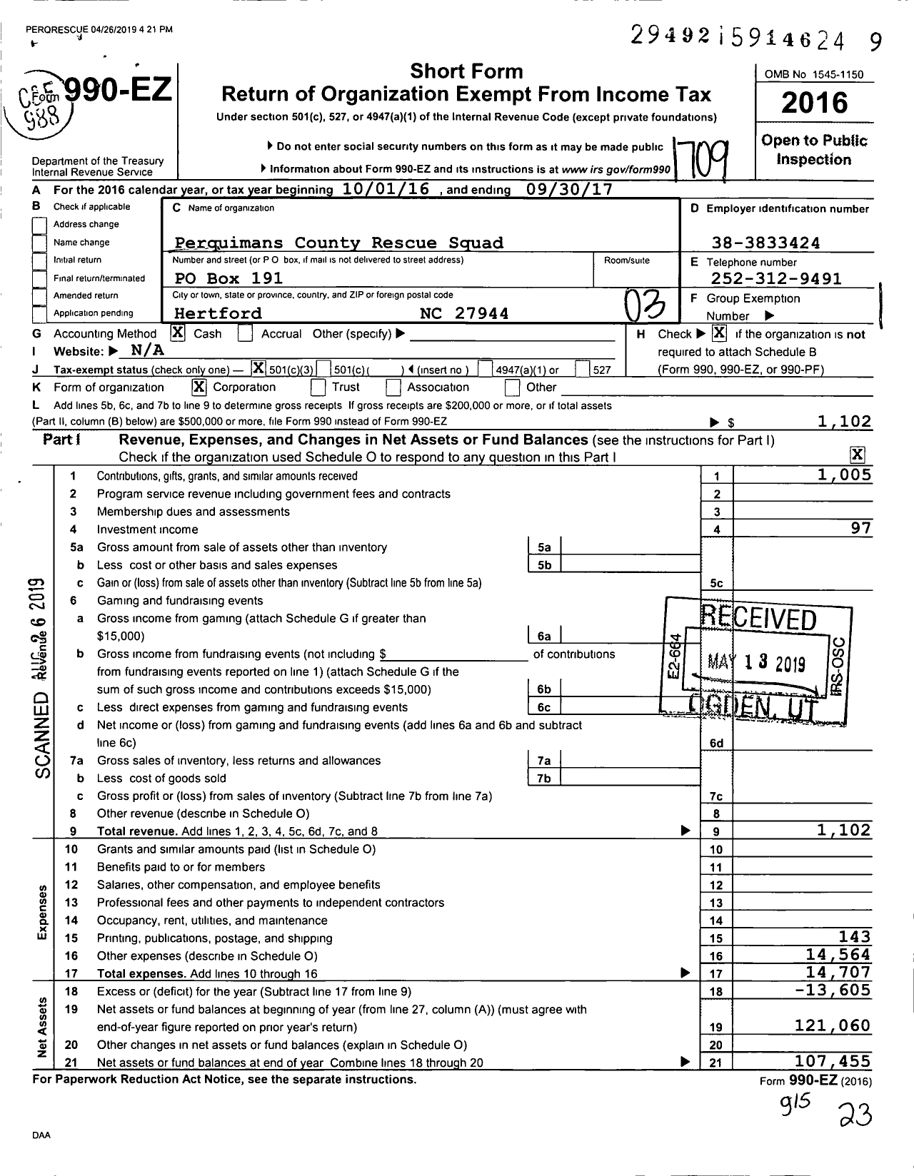 Image of first page of 2016 Form 990EZ for Perquimans County Rescue Squad