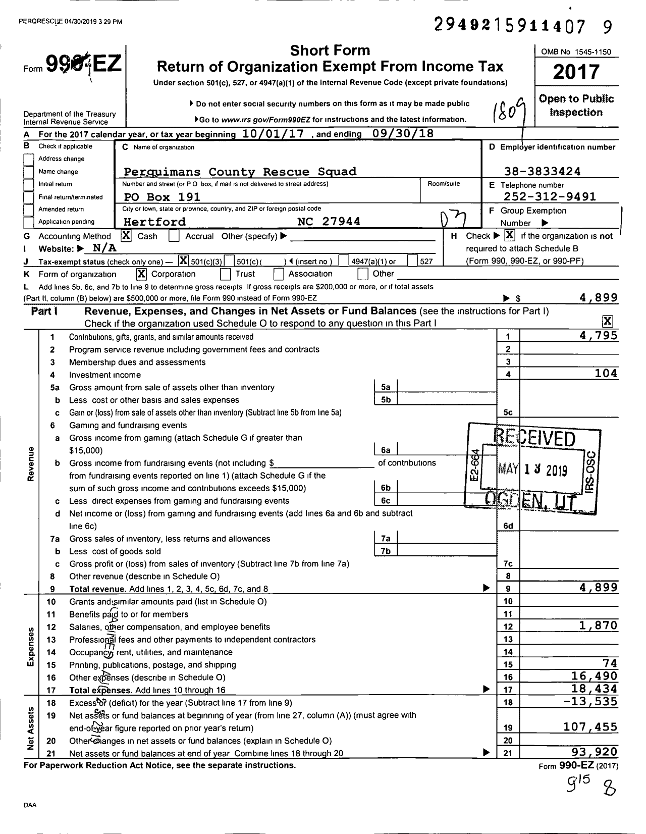 Image of first page of 2017 Form 990EZ for Perquimans County Rescue Squad