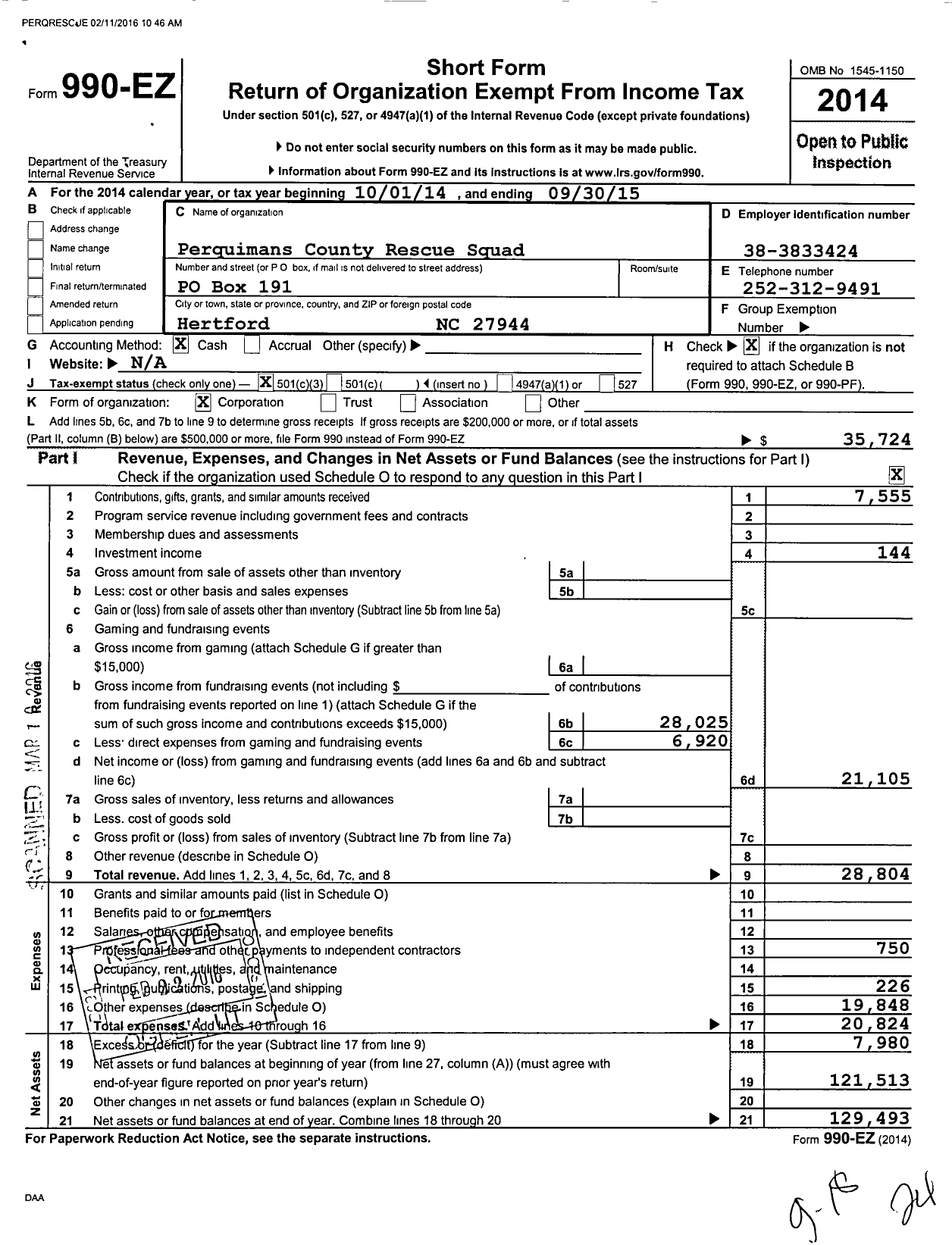 Image of first page of 2014 Form 990EZ for Perquimans County Rescue Squad