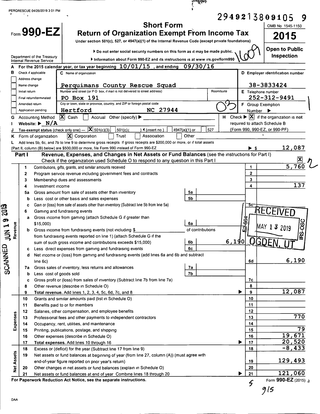 Image of first page of 2015 Form 990EZ for Perquimans County Rescue Squad