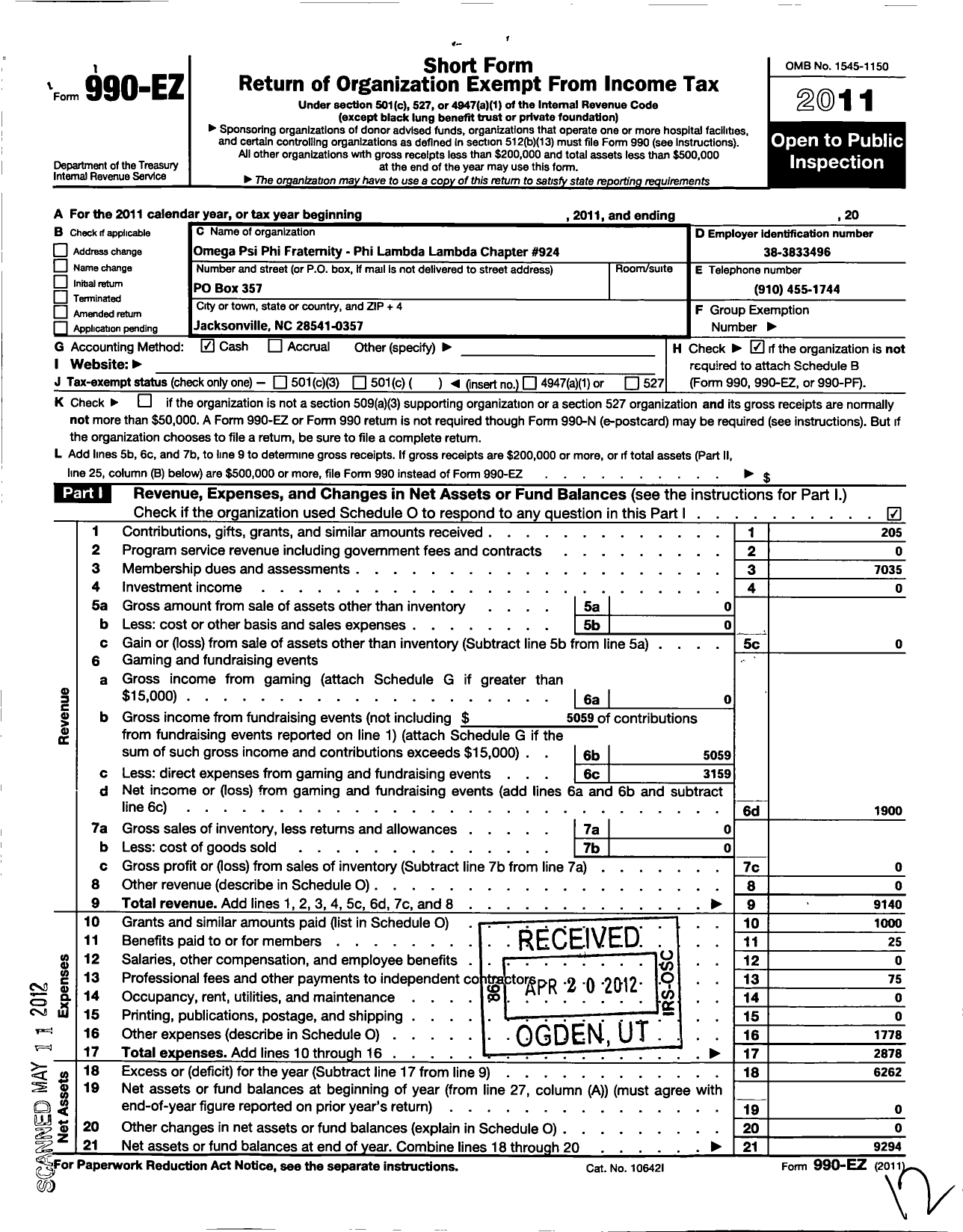 Image of first page of 2011 Form 990EO for Omega Psi Phi Fraternity - 924 Phi Lambda Lambda District 6