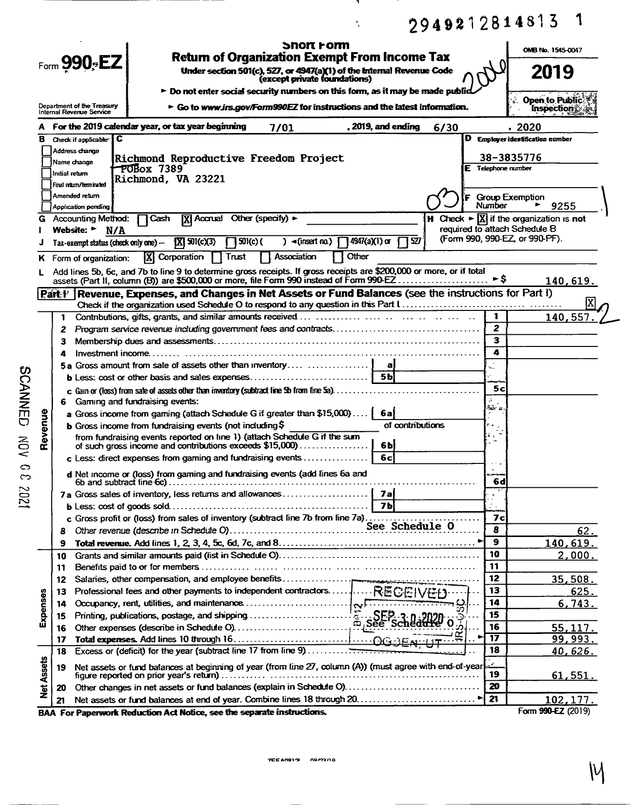 Image of first page of 2019 Form 990EZ for Richmond Reproductive Freedom Project