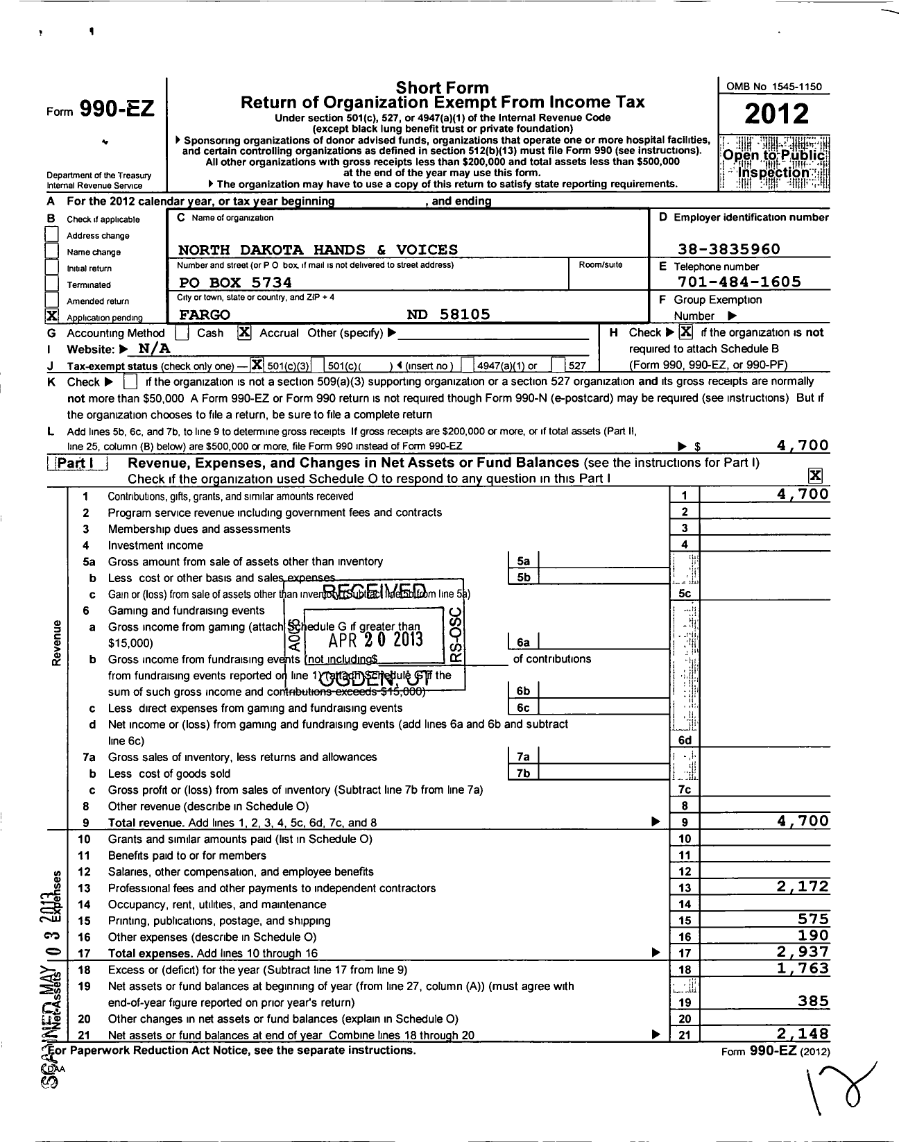 Image of first page of 2012 Form 990EZ for North Dakota Hands and Voices