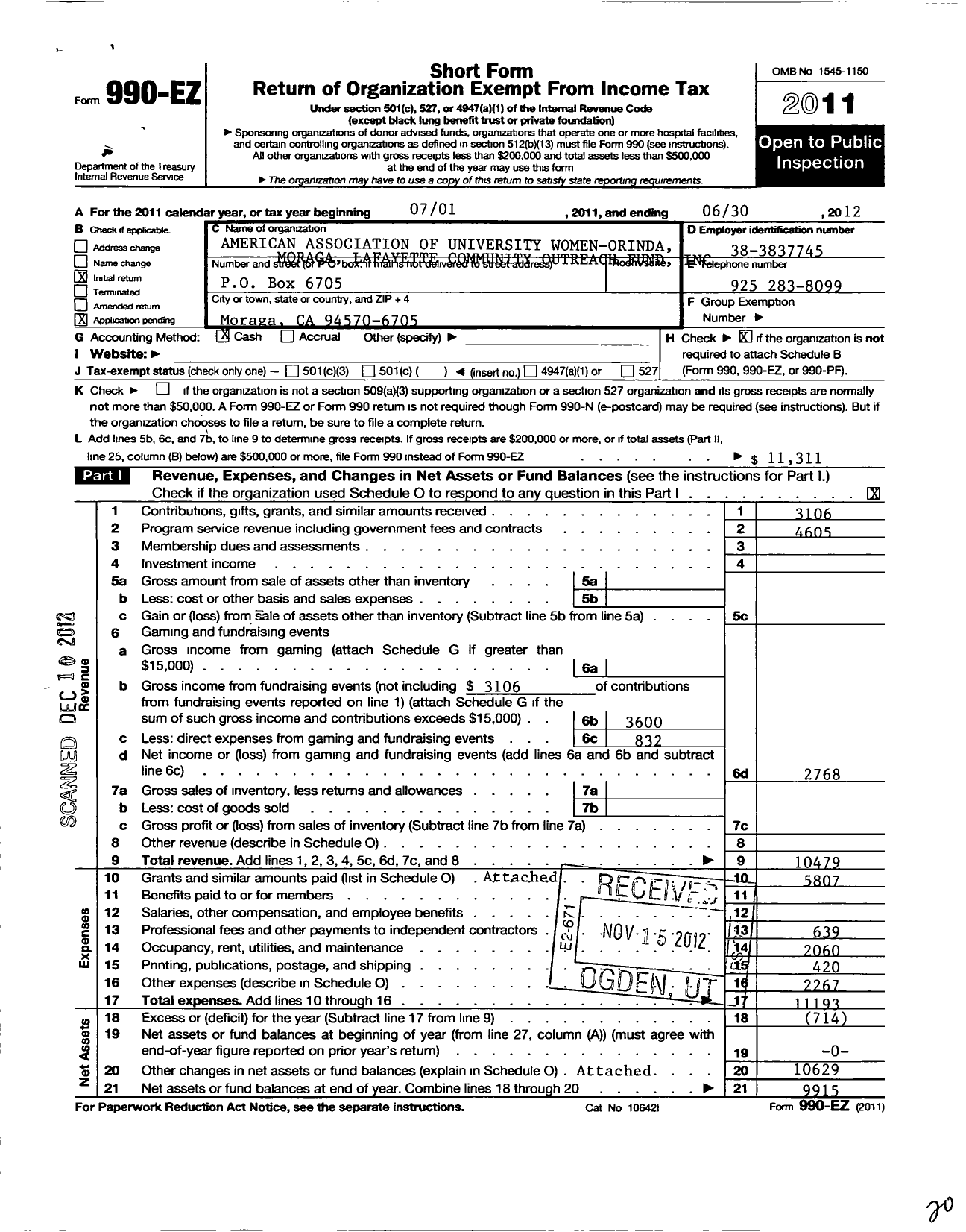 Image of first page of 2011 Form 990EO for American Association of University Women-Orinda Moraga Lafayette Comm