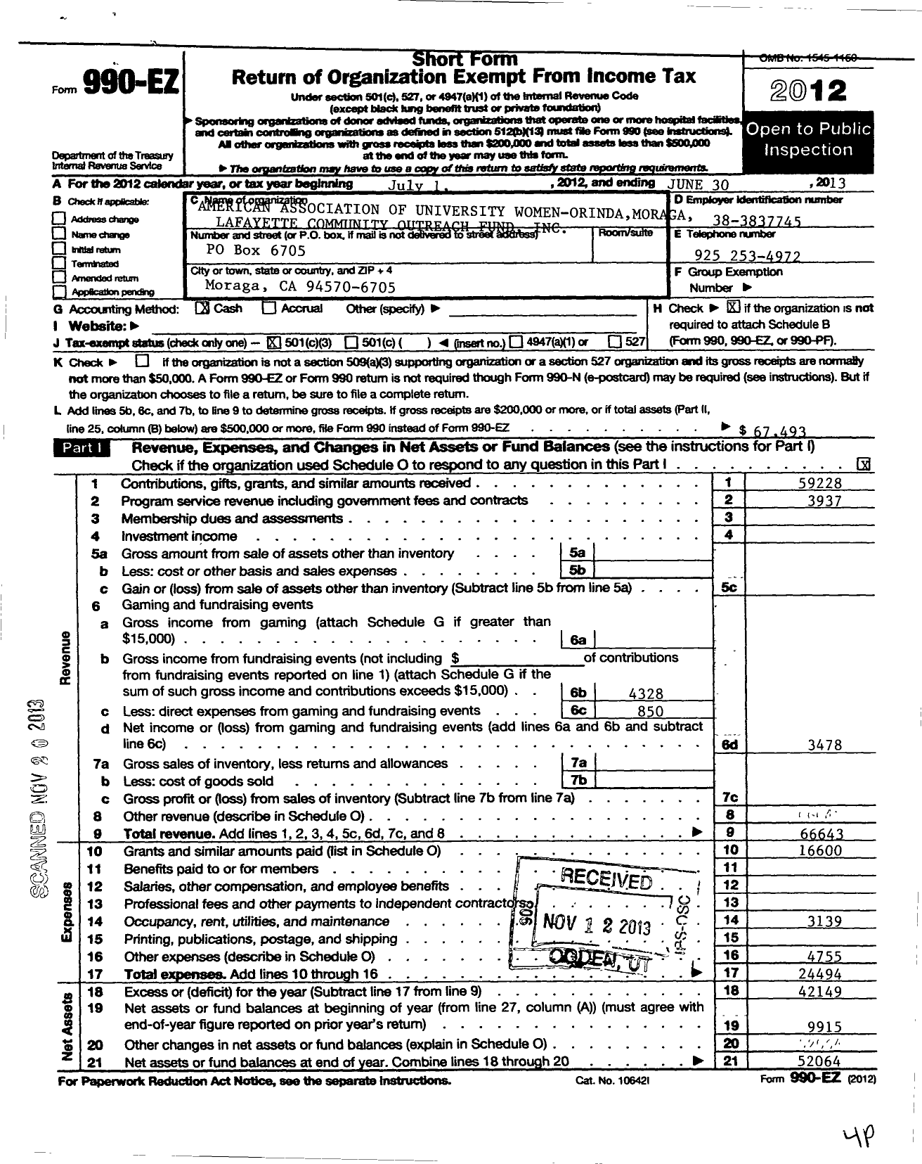 Image of first page of 2012 Form 990EZ for American Association of University Women-Orinda Moraga Lafayette Comm