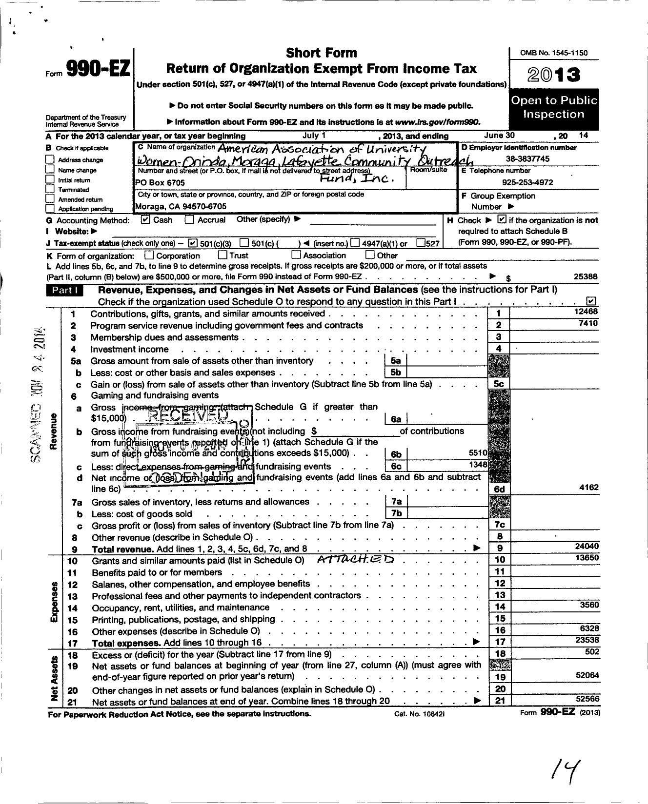 Image of first page of 2013 Form 990EZ for American Association of University Women-Orinda Moraga Lafayette Comm