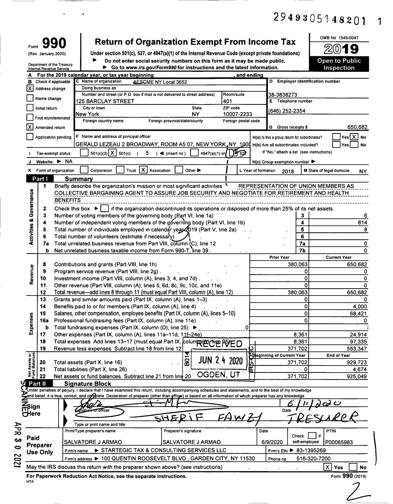 Image of first page of 2019 Form 990O for American Federation of State County & Municipal Employees - Mta Technical Professional Employees AFSCME Local 3652