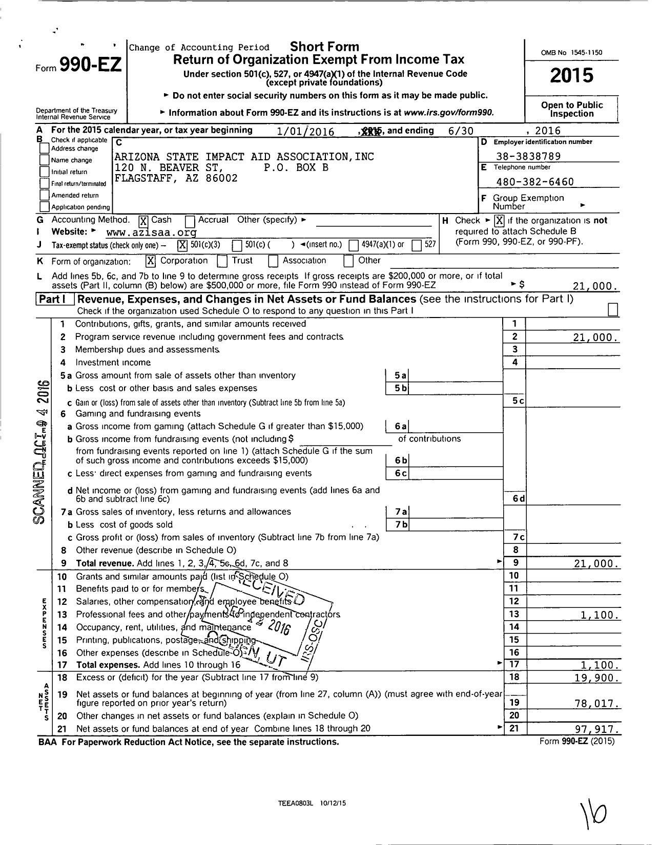 Image of first page of 2015 Form 990EZ for Arizona State Impact Aid Association