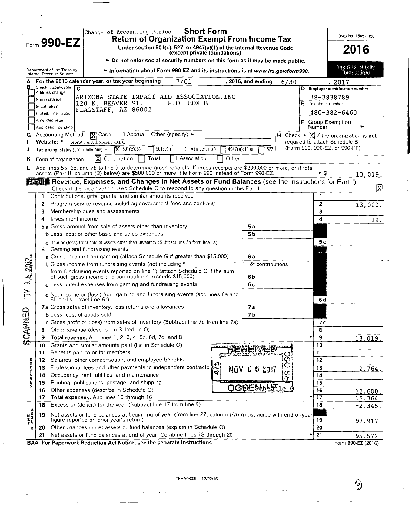 Image of first page of 2016 Form 990EZ for Arizona State Impact Aid Association