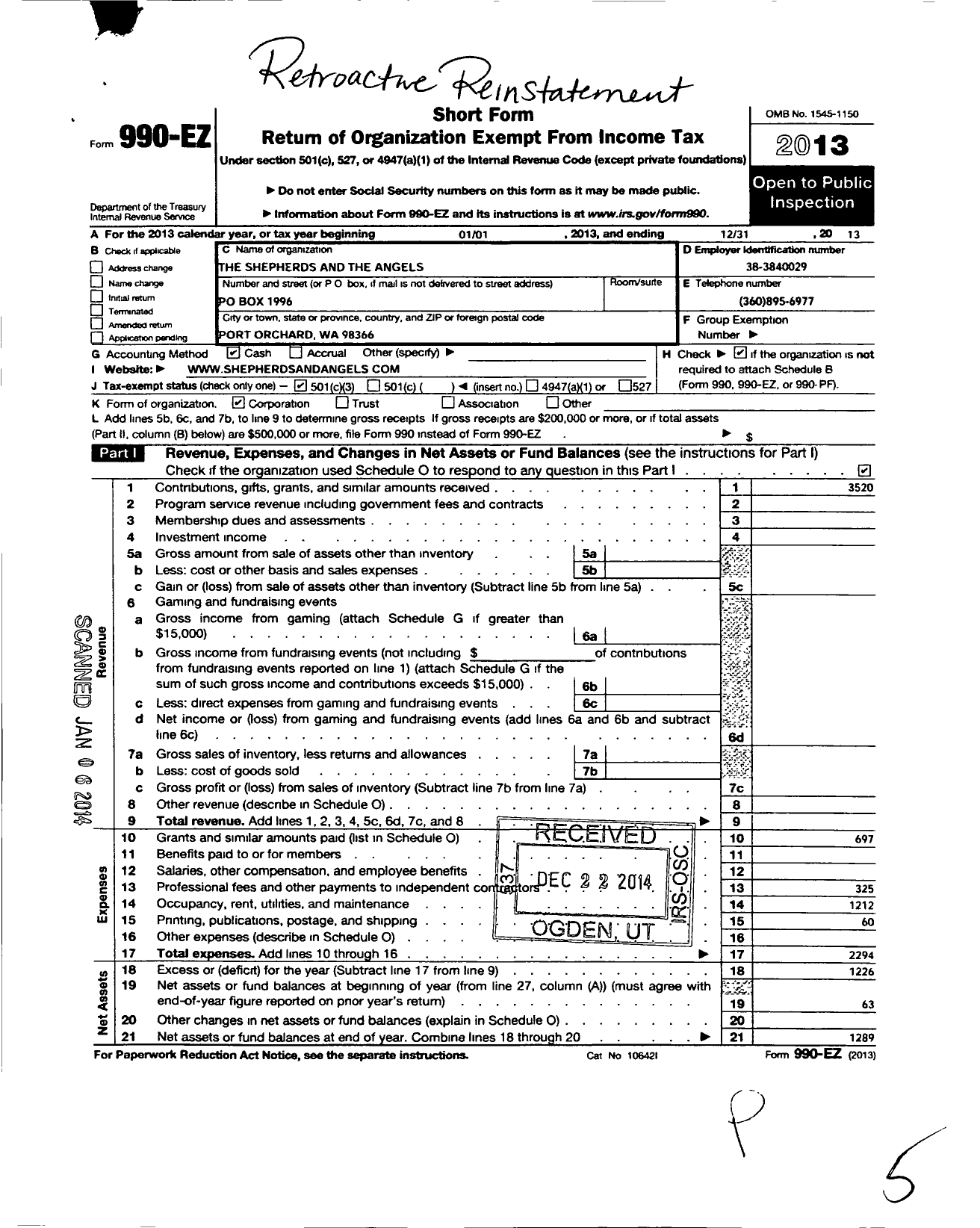 Image of first page of 2013 Form 990EZ for The Shepherds and the Angels