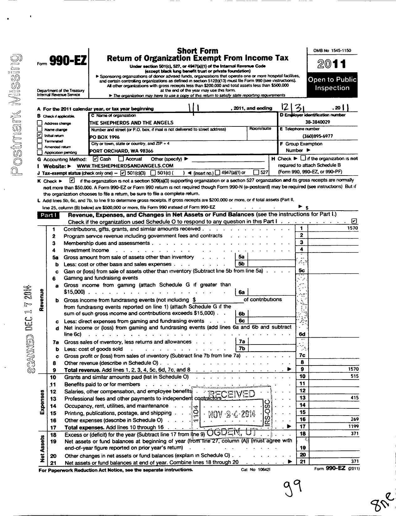 Image of first page of 2011 Form 990EZ for The Shepherds and the Angels