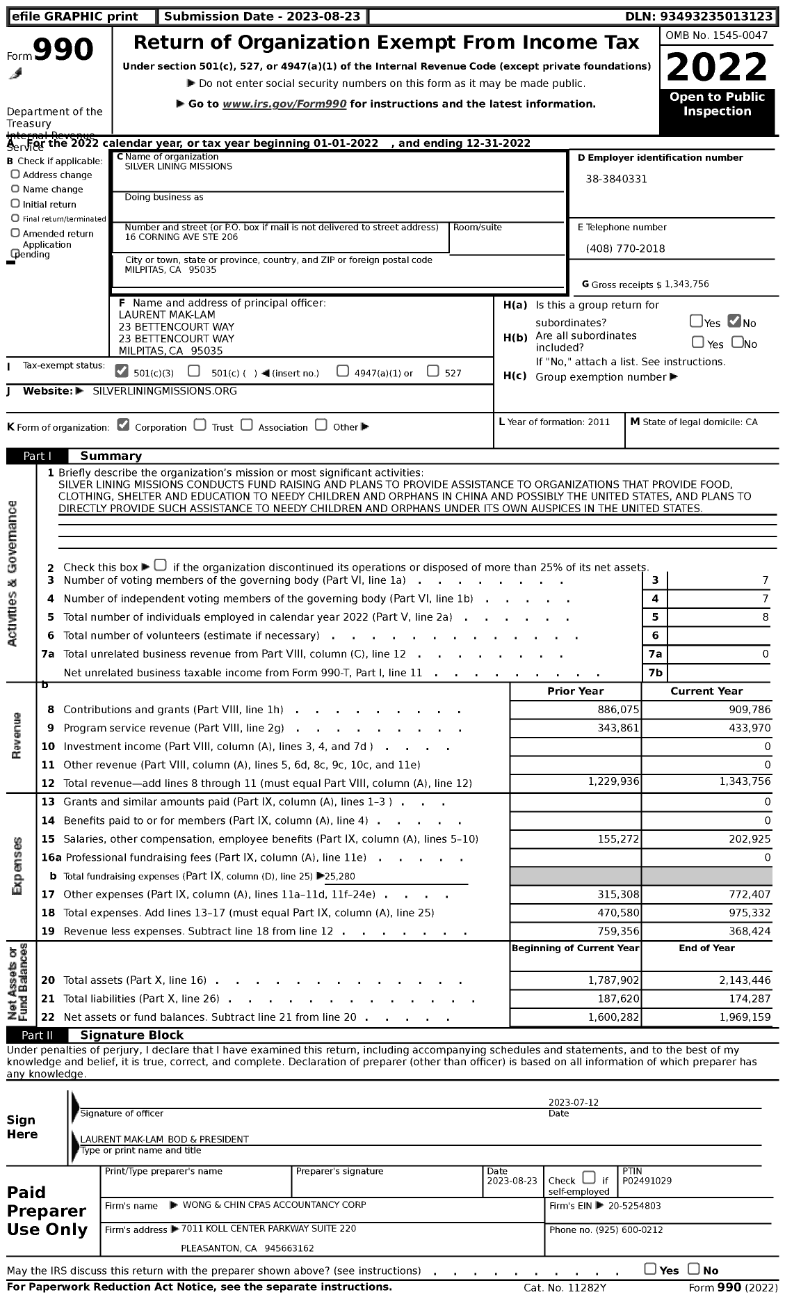 Image of first page of 2022 Form 990 for Silver Lining Missions