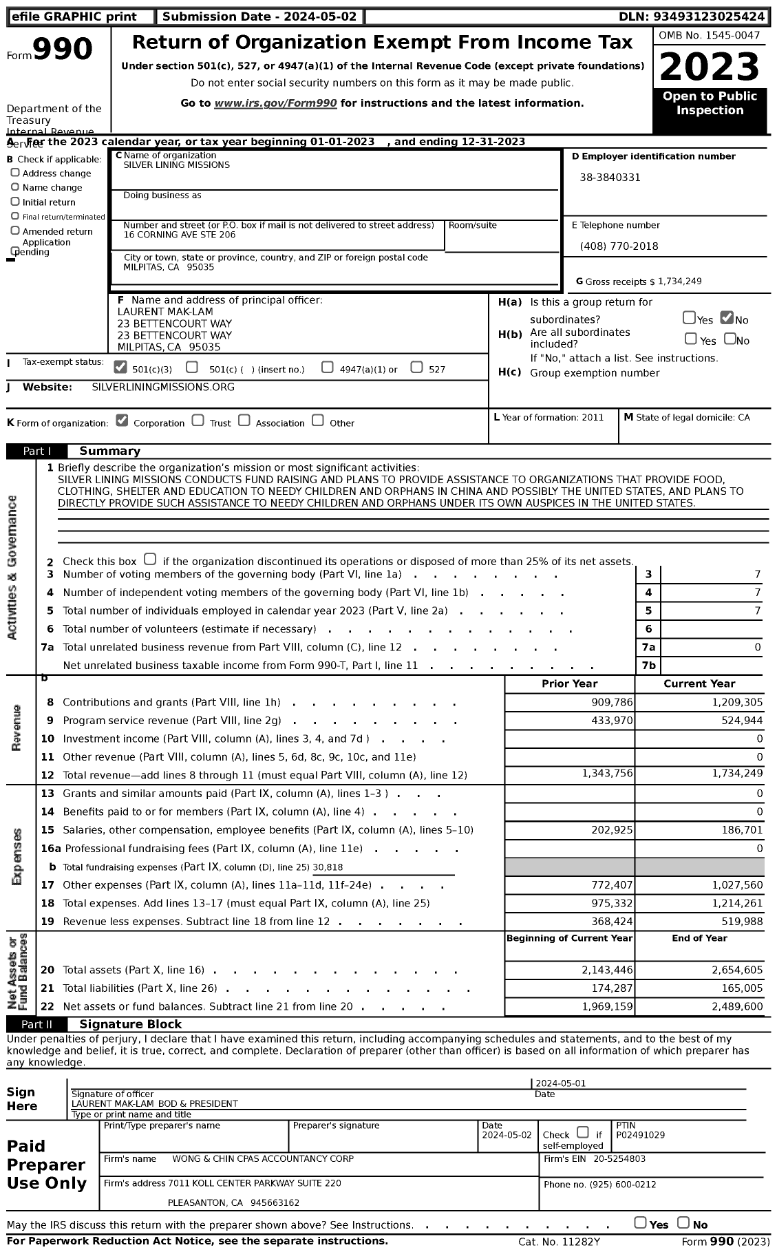 Image of first page of 2023 Form 990 for Silver Lining Missions