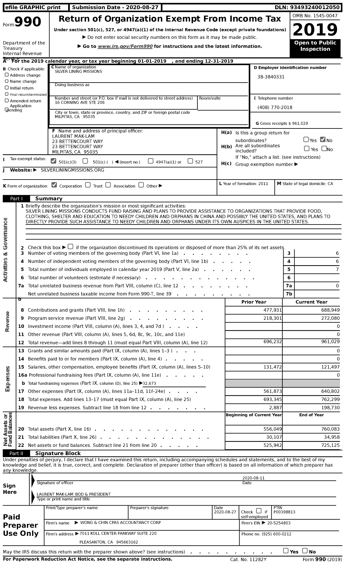 Image of first page of 2019 Form 990 for Silver Lining Missions