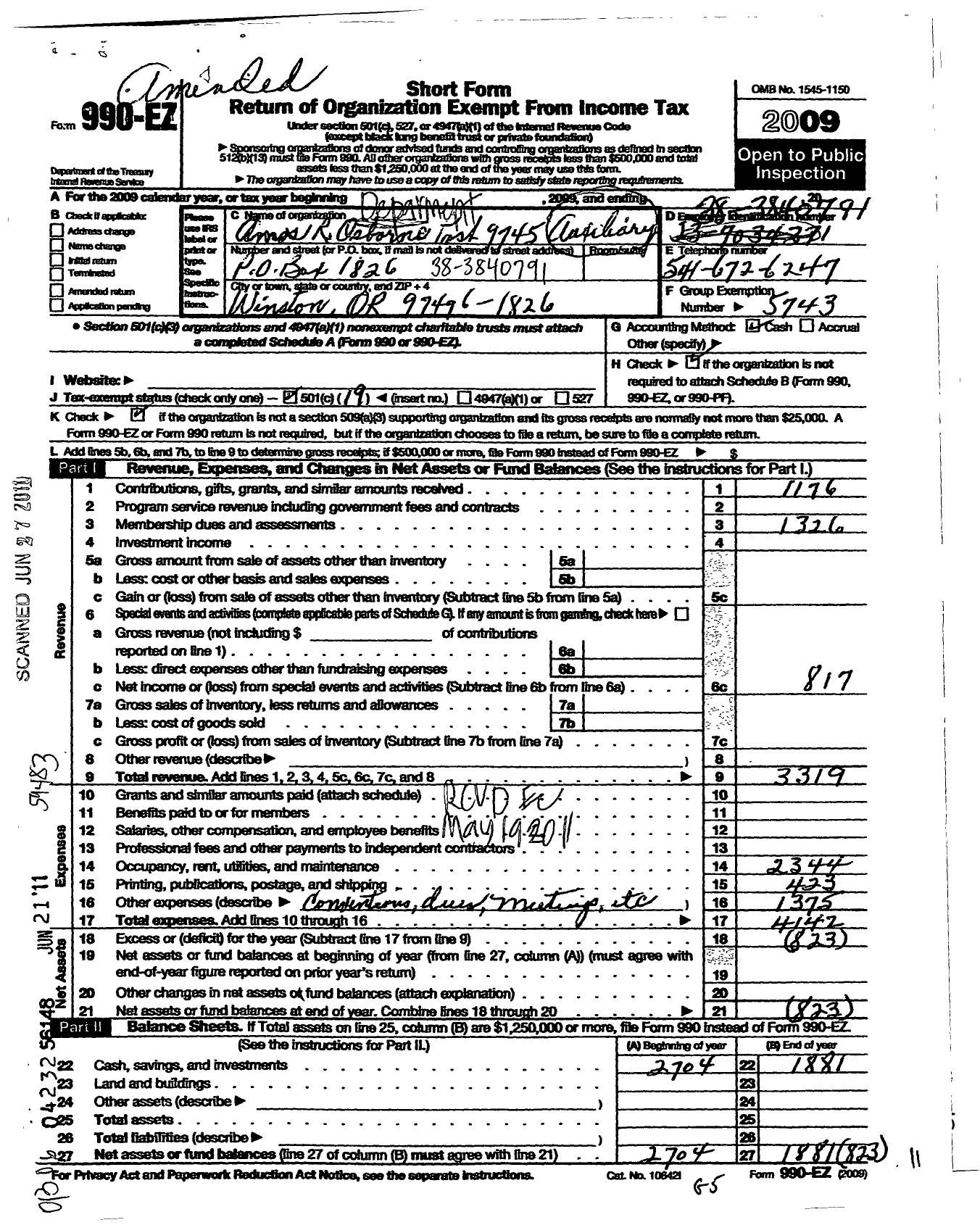 Image of first page of 2009 Form 990EO for Veterans of Foreign Wars of the United States Department of Oregon - 9745 Amos R Osborne Auxiliary