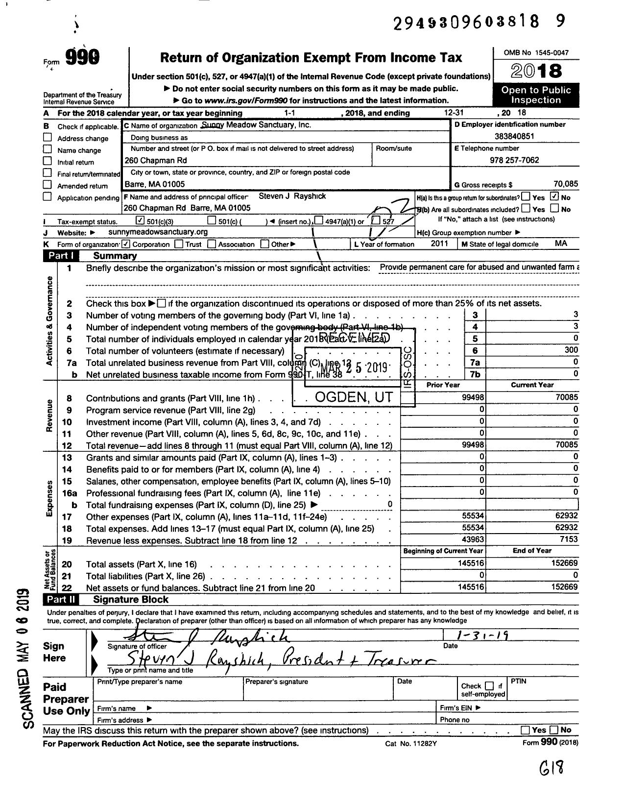 Image of first page of 2018 Form 990 for Sunny Meadow Sanctuary