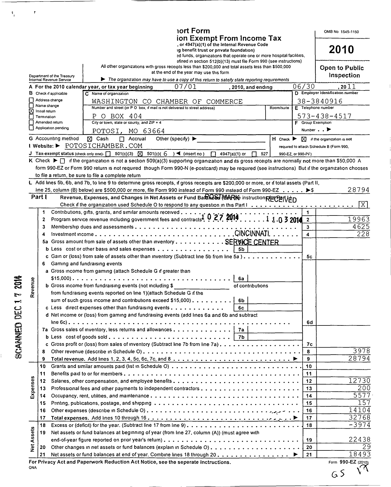 Image of first page of 2010 Form 990EO for Washington County Chamber of Commerce / Potosi License Bureau