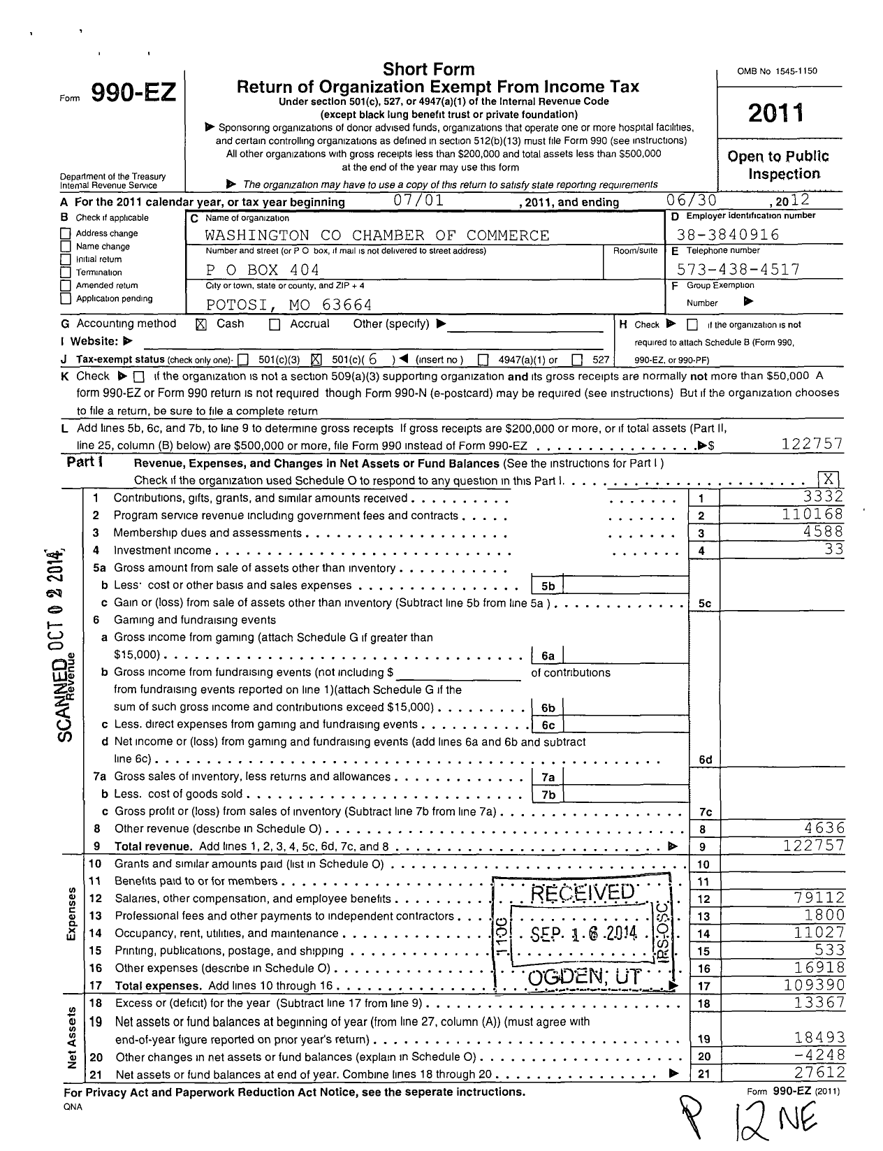 Image of first page of 2011 Form 990EO for Washington County Chamber of Commerce / Potosi License Bureau