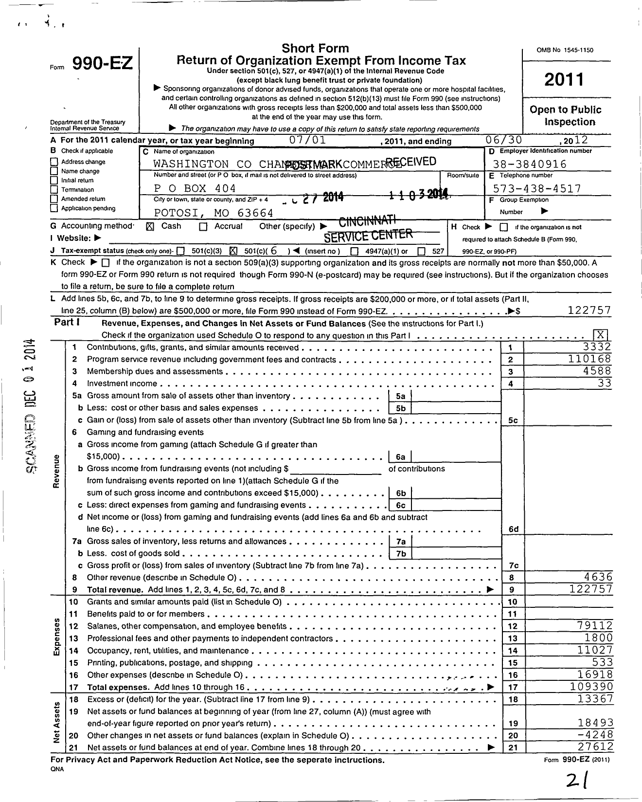 Image of first page of 2011 Form 990EO for Washington County Chamber of Commerce / Potosi License Bureau