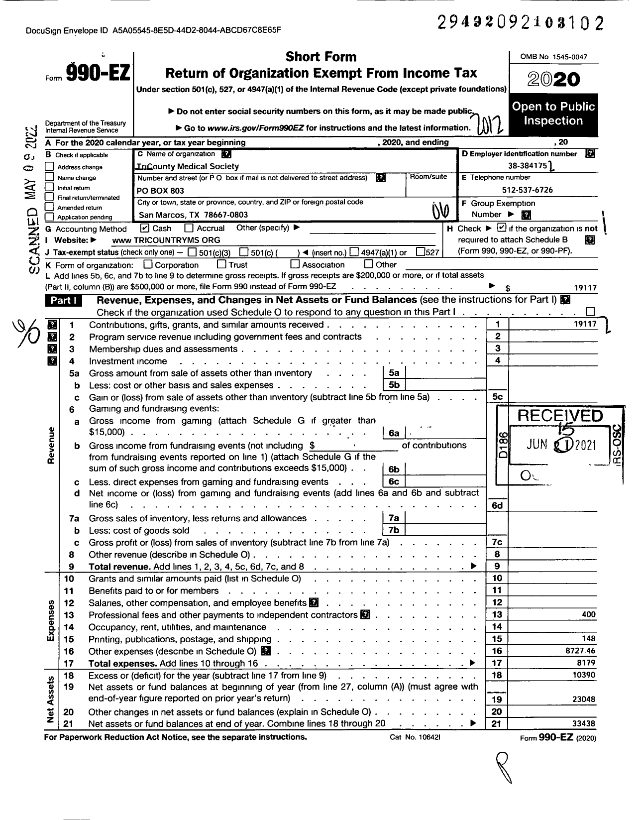 Image of first page of 2020 Form 990EO for Tricounty Medical Society