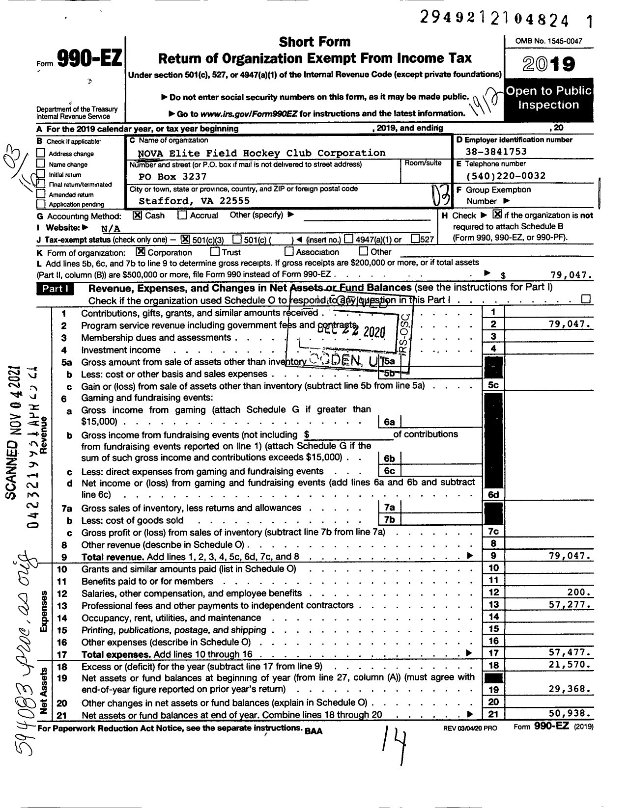 Image of first page of 2019 Form 990EZ for Nova Elite Field Hockey Club Corporation