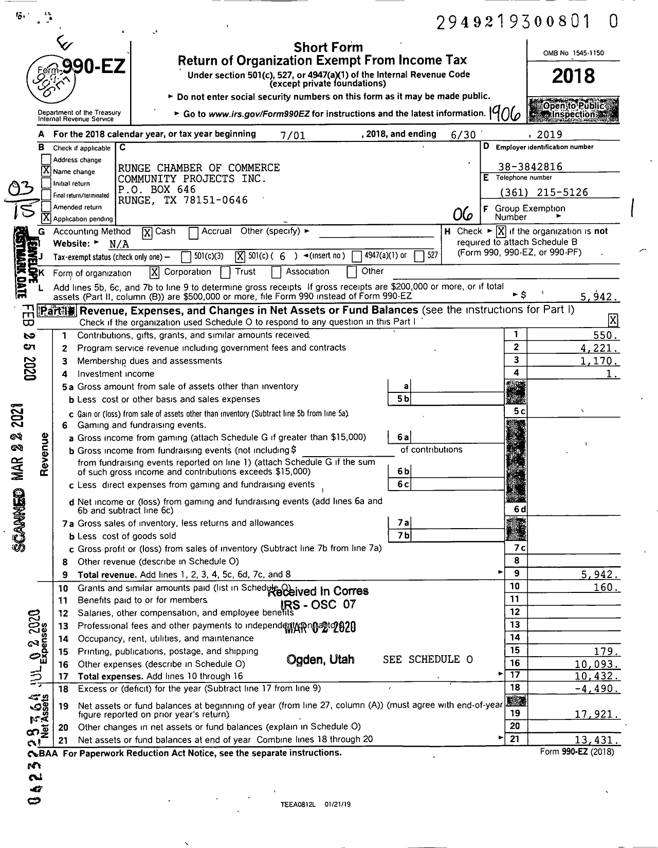 Image of first page of 2018 Form 990EO for Runge Chamber of Commerce