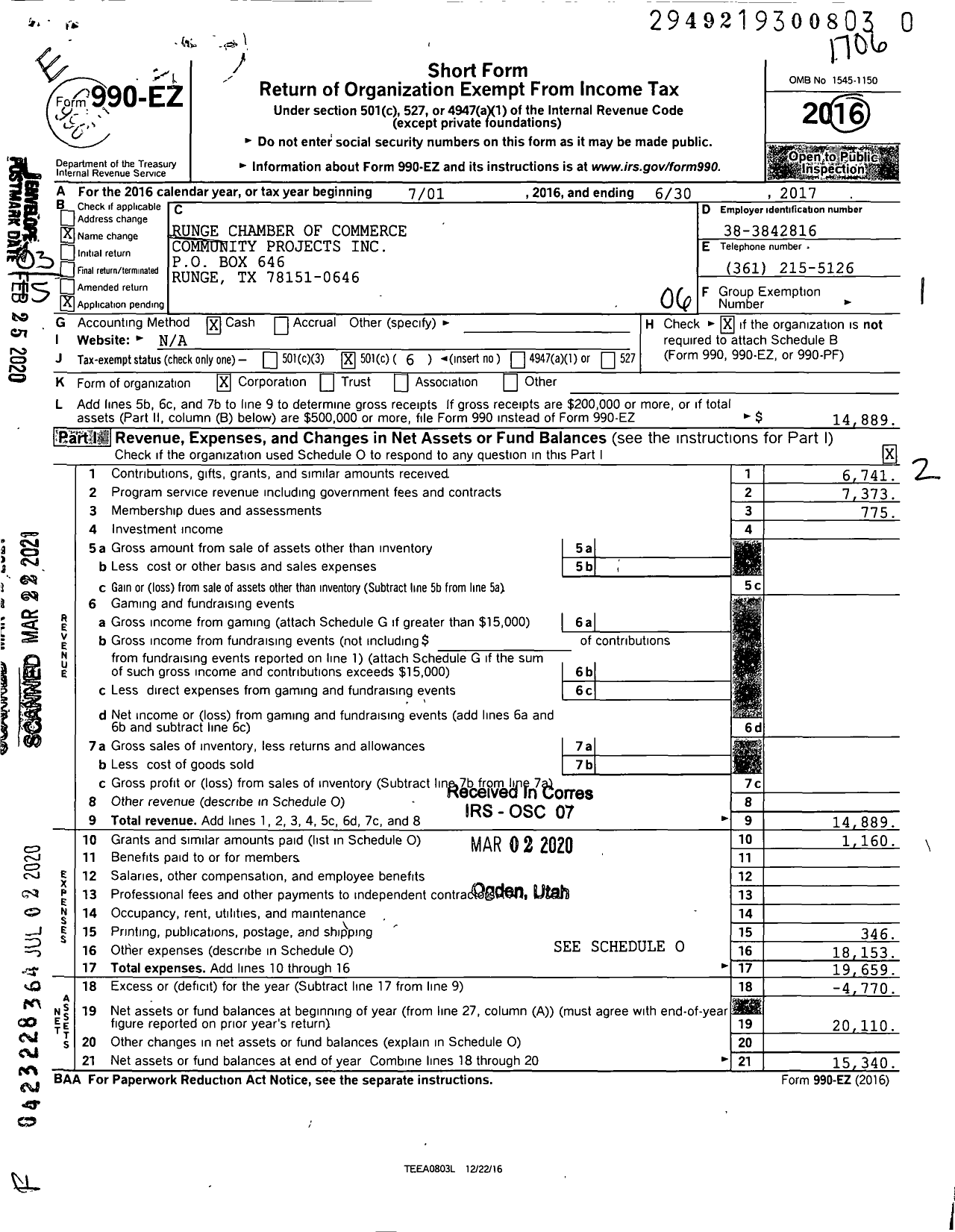 Image of first page of 2016 Form 990EO for Runge Chamber of Commerce