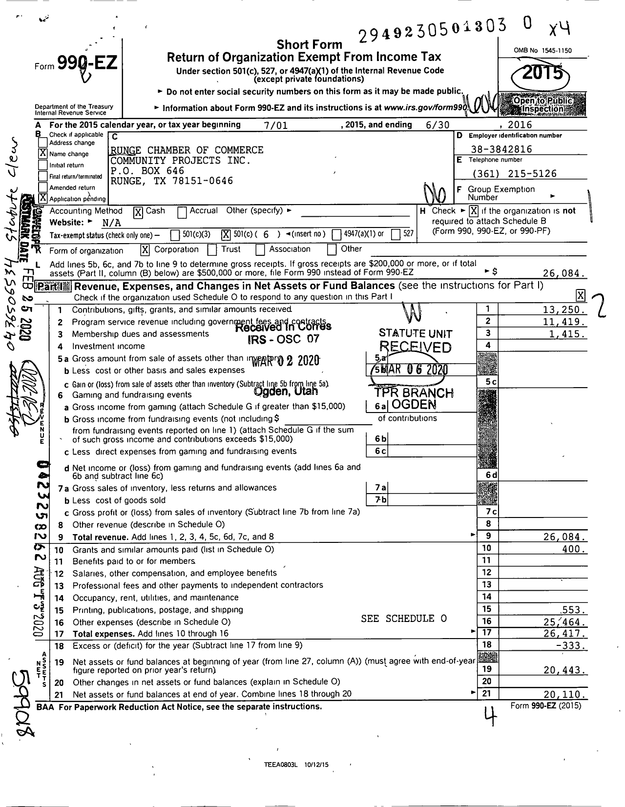 Image of first page of 2015 Form 990EO for Runge Chamber of Commerce