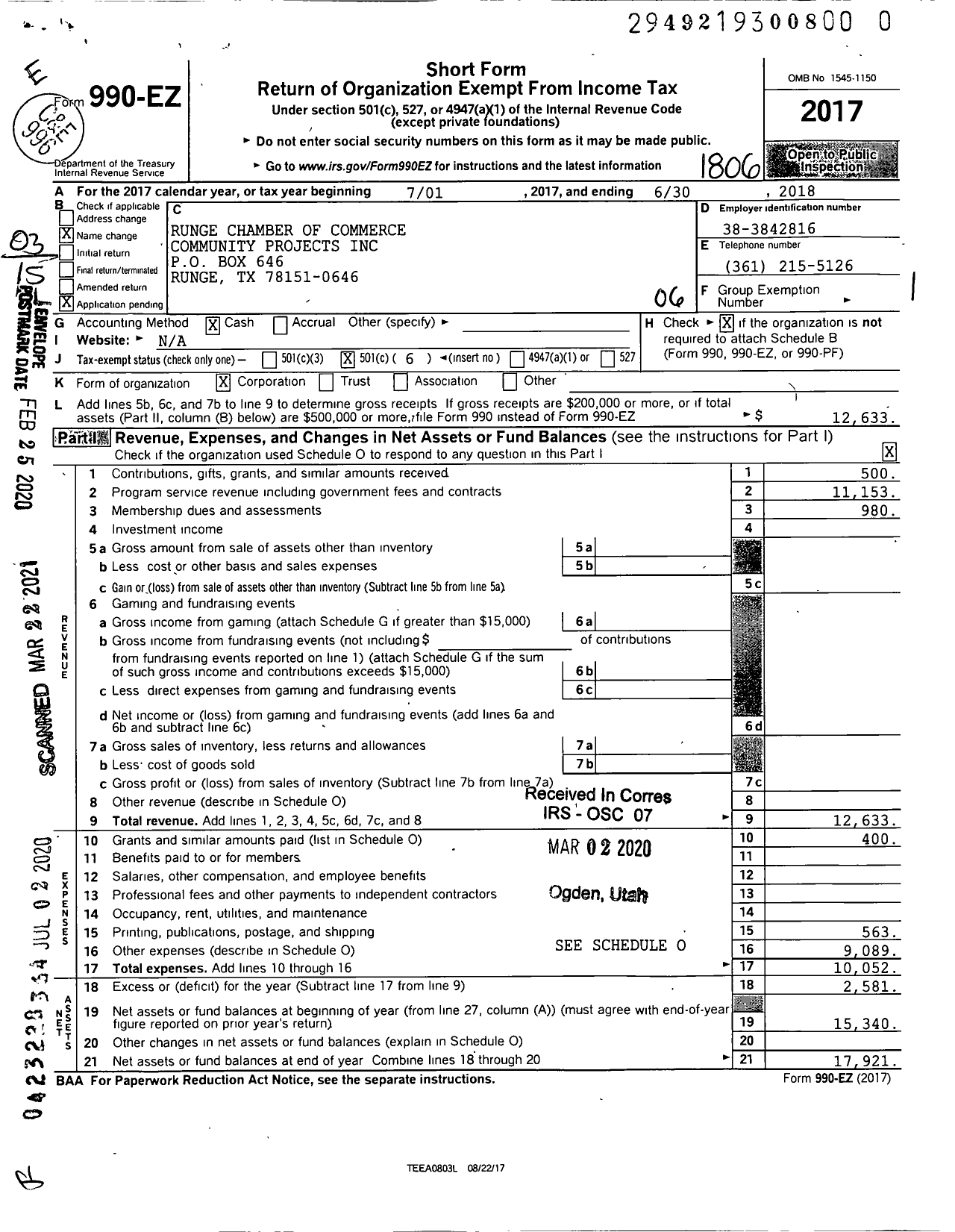 Image of first page of 2017 Form 990EO for Runge Chamber of Commerce