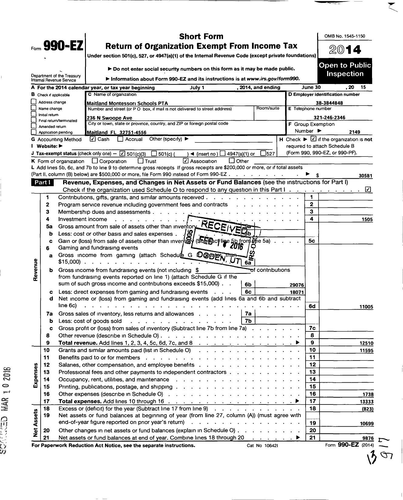 Image of first page of 2014 Form 990EZ for PTA Florida Congress - Maitland Montessori Schools PTA