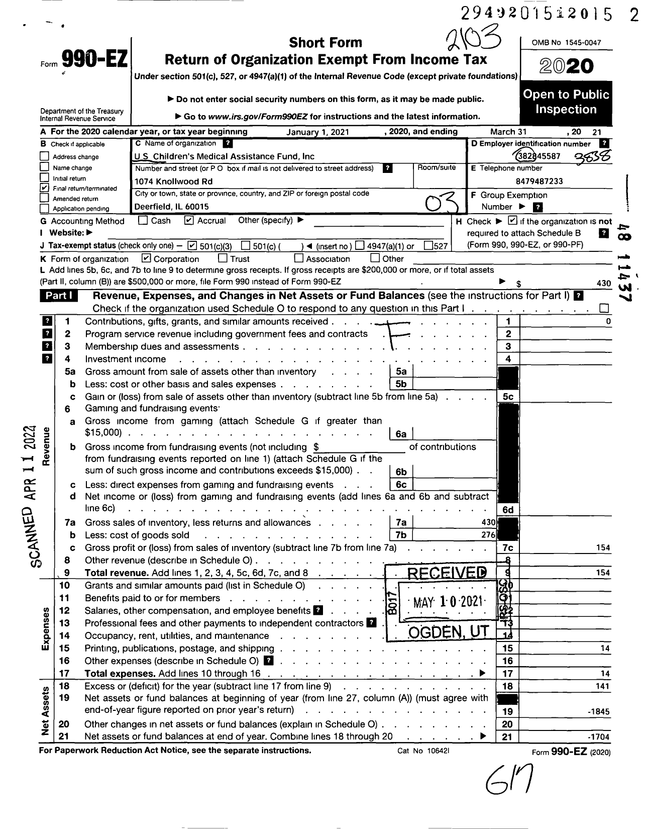 Image of first page of 2020 Form 990EZ for US Children's Medical Assistance Fund