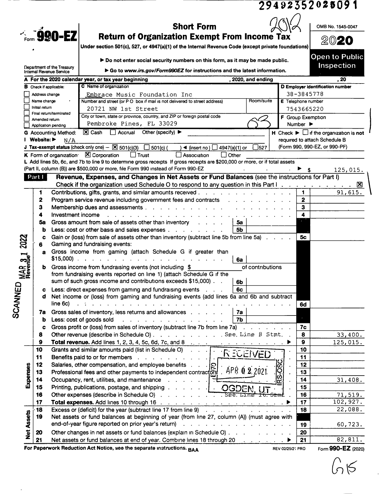 Image of first page of 2020 Form 990EZ for Embrace Music Foundation