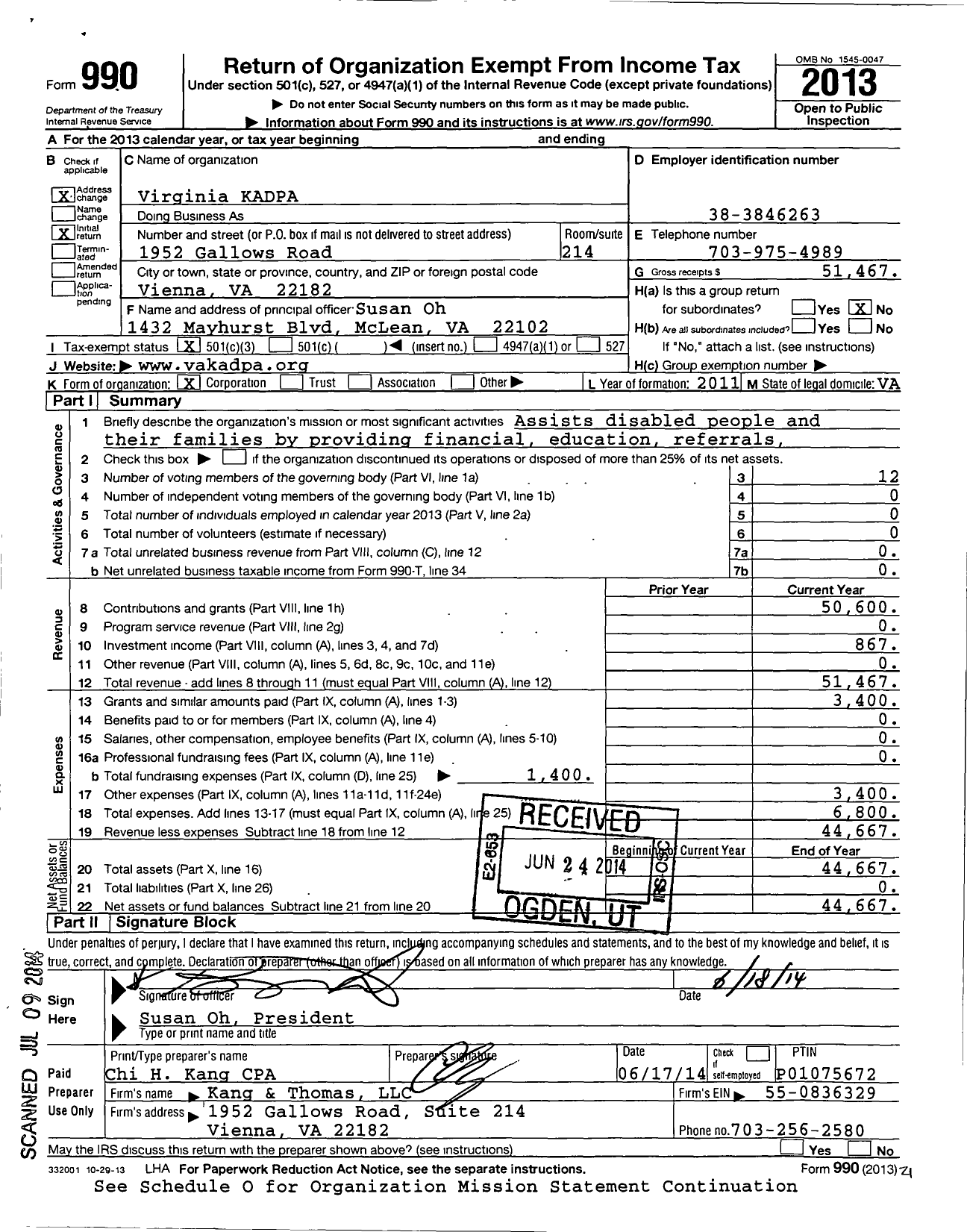 Image of first page of 2013 Form 990 for Virginia Kadpa