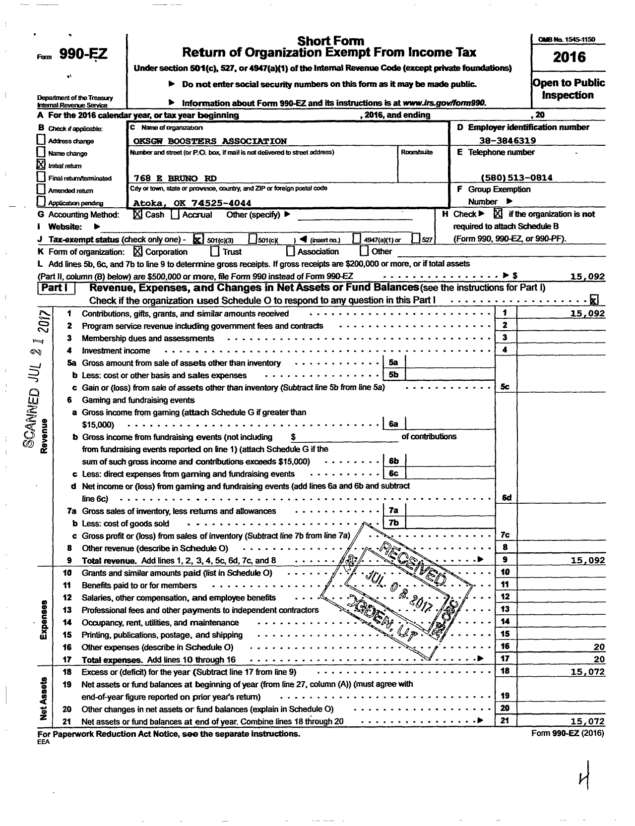 Image of first page of 2016 Form 990EZ for Oklahoma State Game Wardens Boosters Association