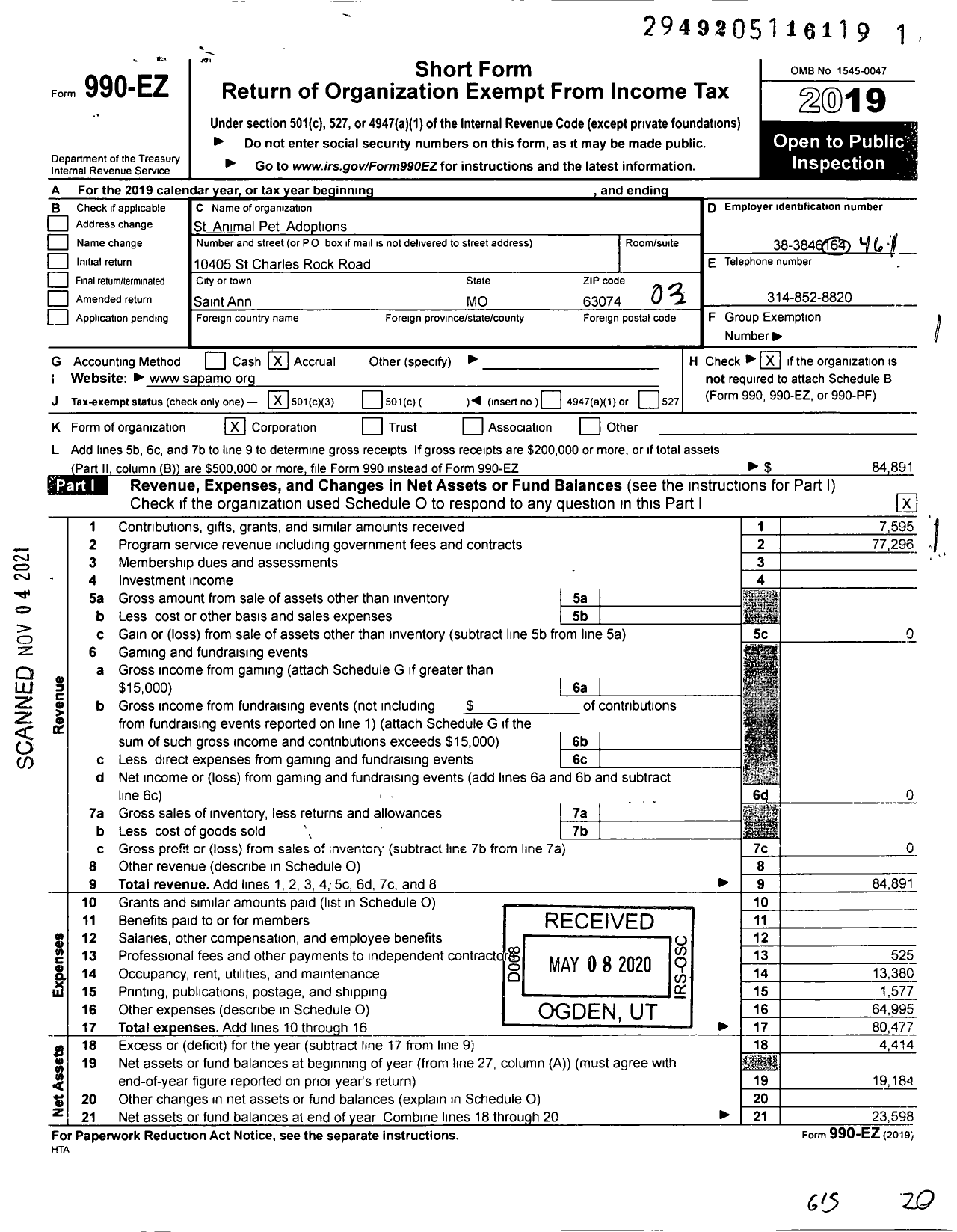 Image of first page of 2019 Form 990EZ for St Animal Pet Adoptions