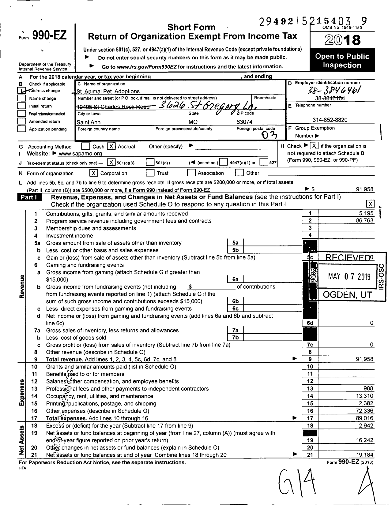 Image of first page of 2018 Form 990EZ for St Animal Pet Adoptions