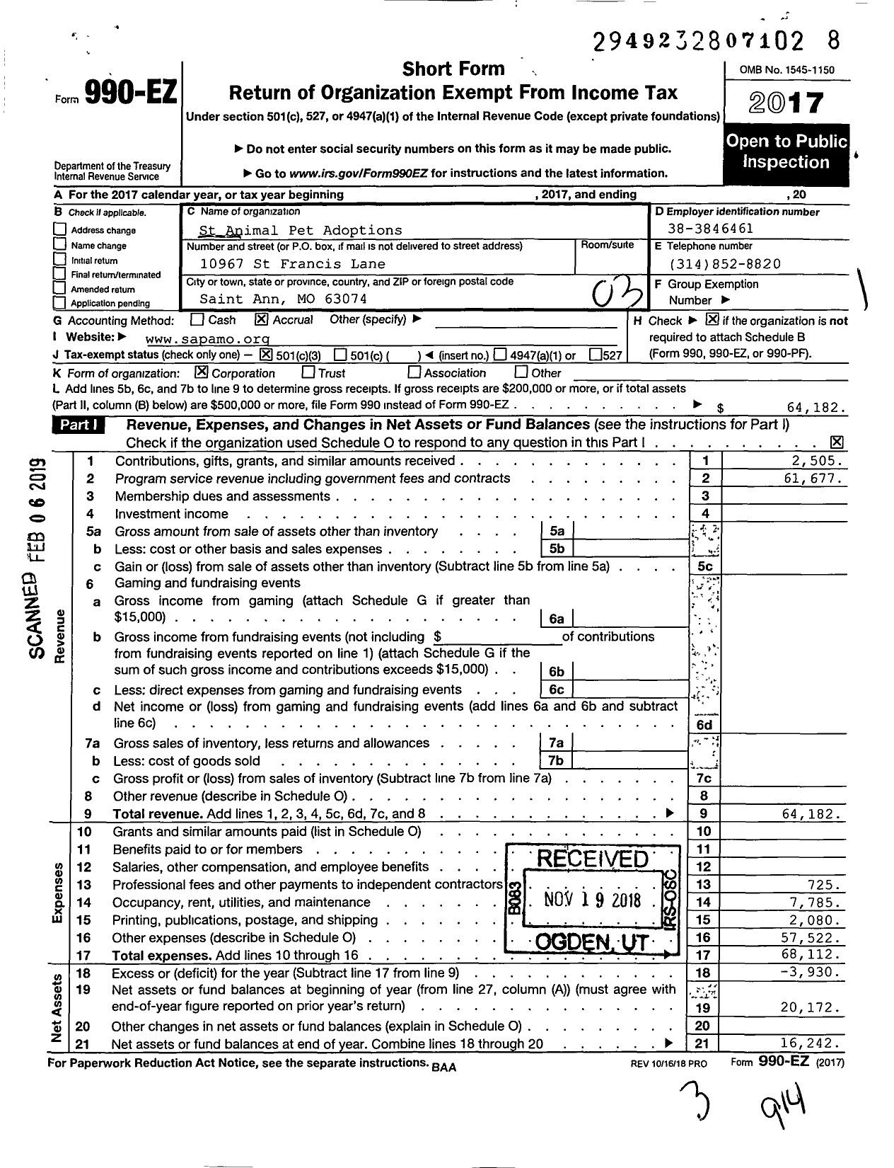 Image of first page of 2017 Form 990EZ for St Animal Pet Adoptions