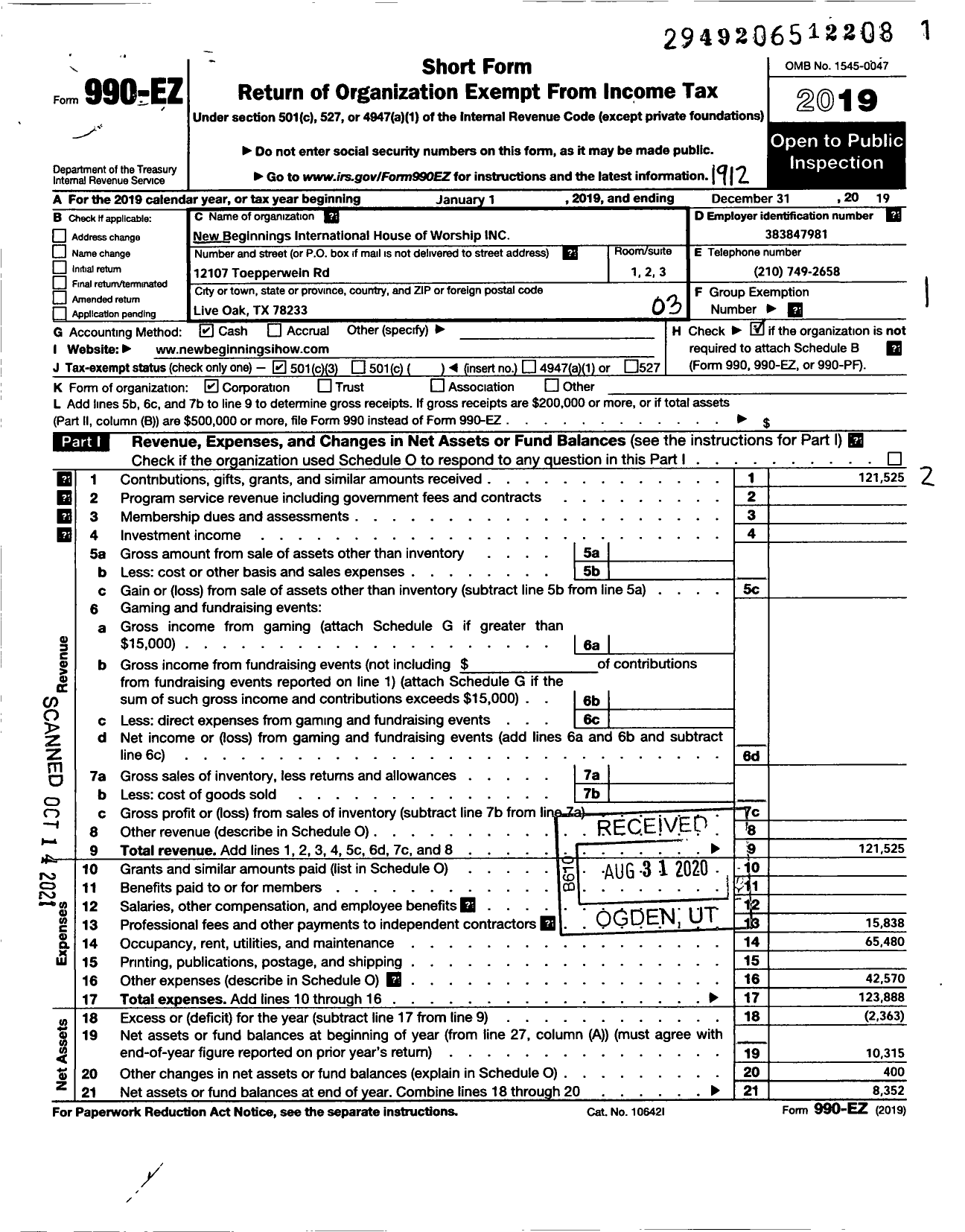 Image of first page of 2019 Form 990EZ for New Beginnings International House of Worship