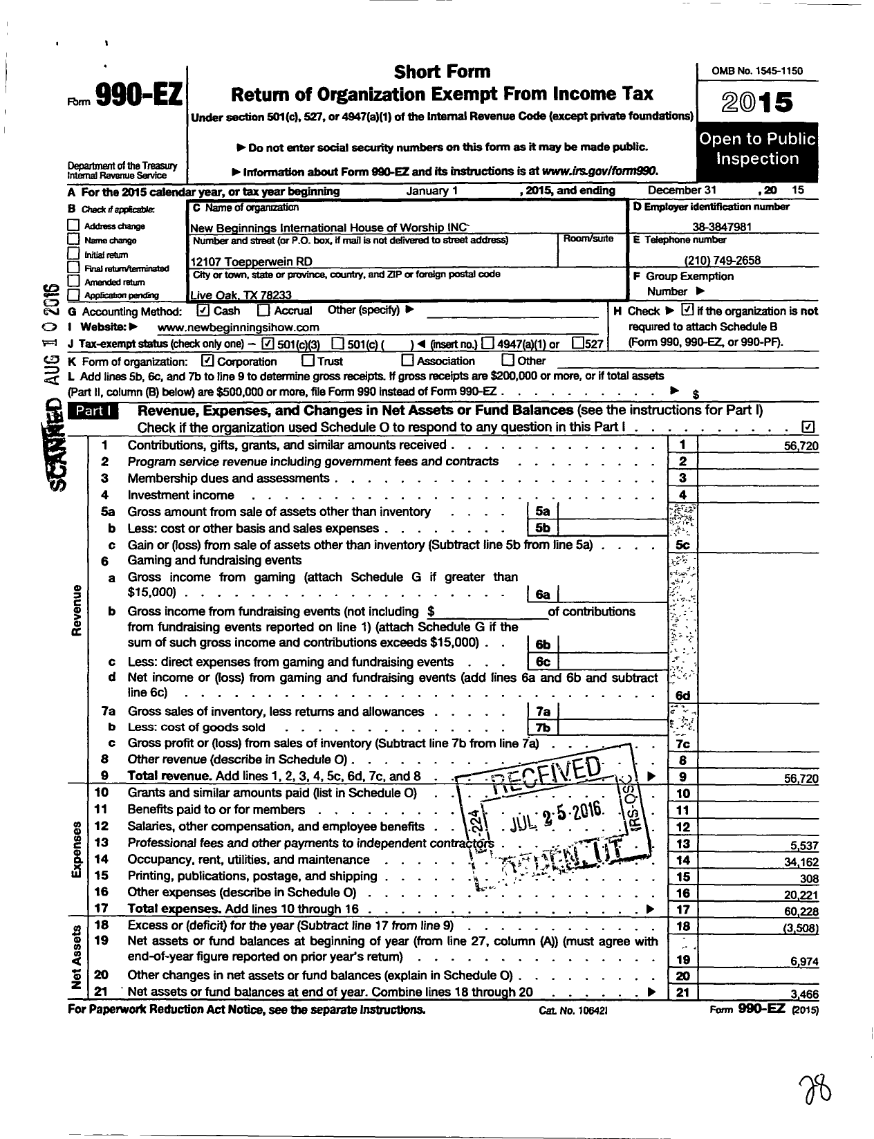 Image of first page of 2015 Form 990EZ for New Beginnings International House of Worship