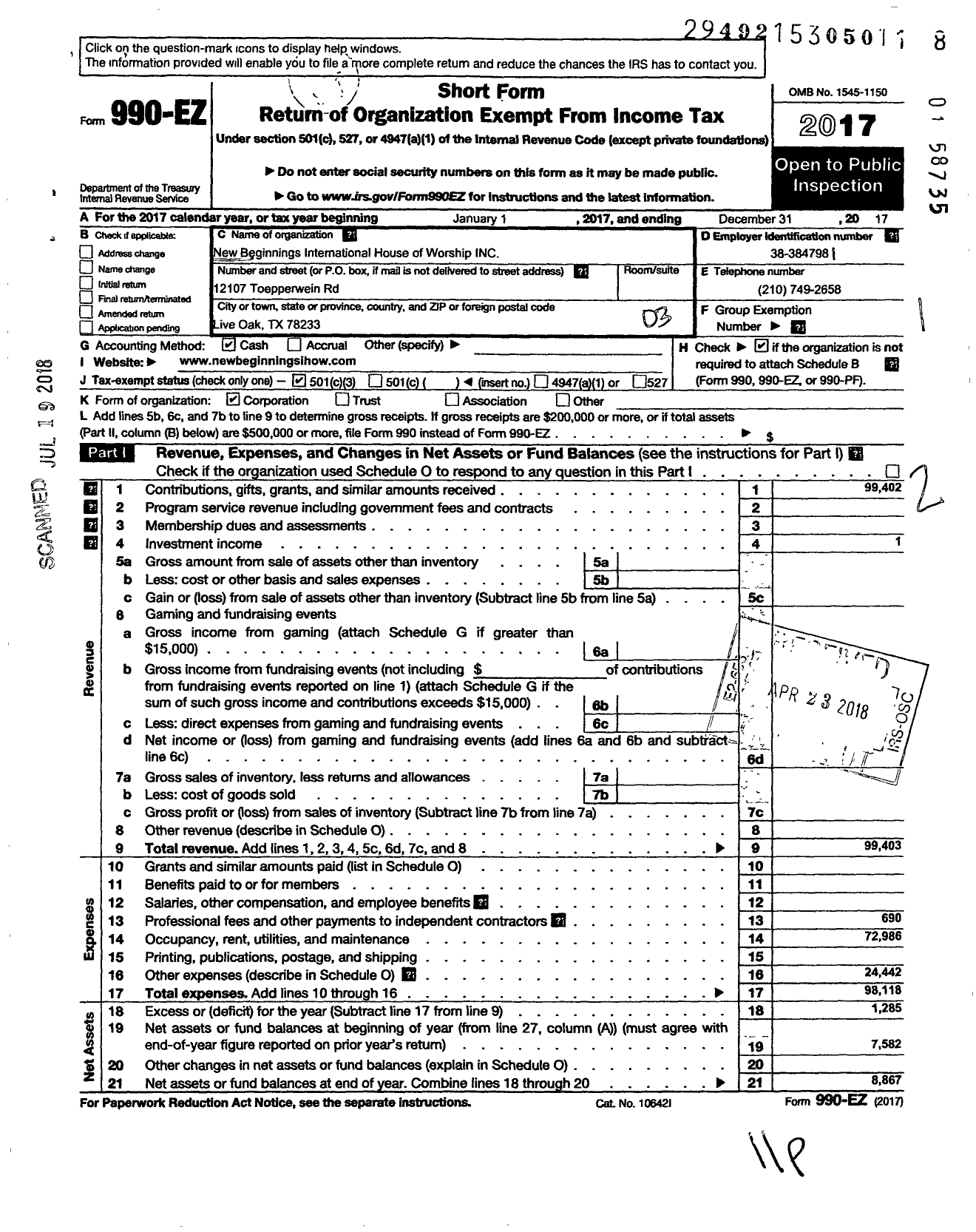 Image of first page of 2017 Form 990EZ for New Beginnings International House of Worship