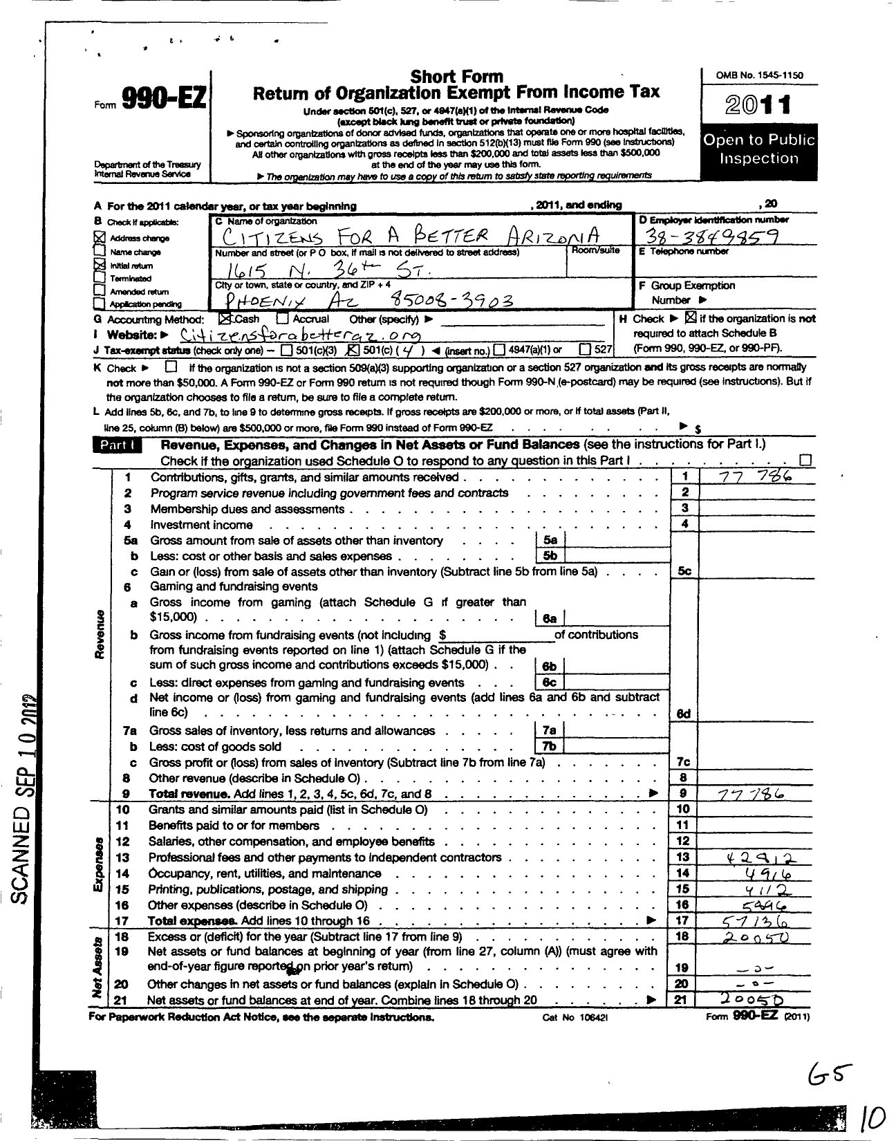 Image of first page of 2011 Form 990EO for Citizens for A Better Arizona