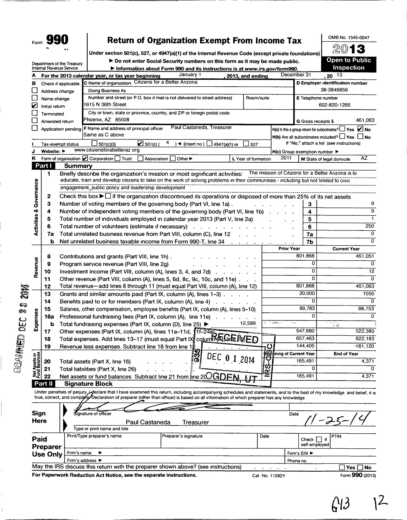 Image of first page of 2013 Form 990O for Citizens for A Better Arizona
