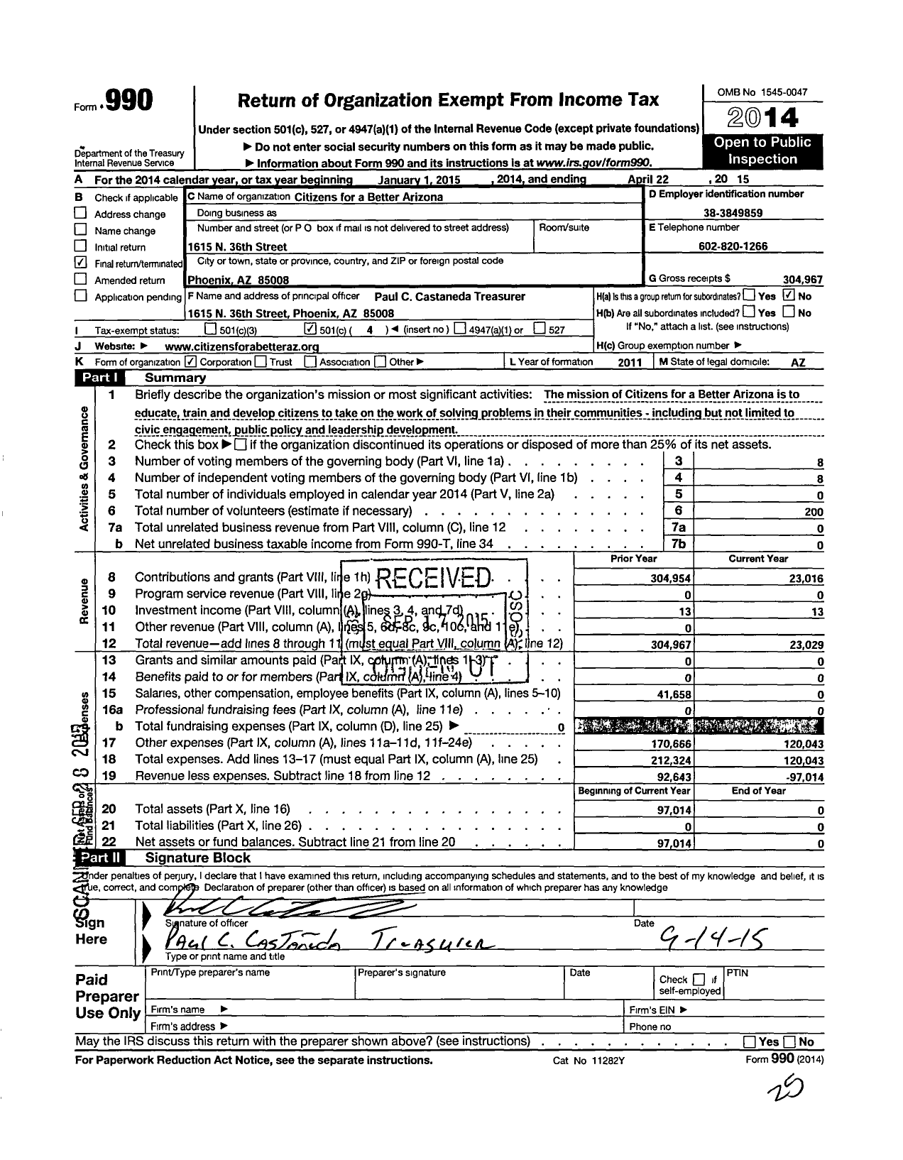 Image of first page of 2014 Form 990O for Citizens for A Better Arizona