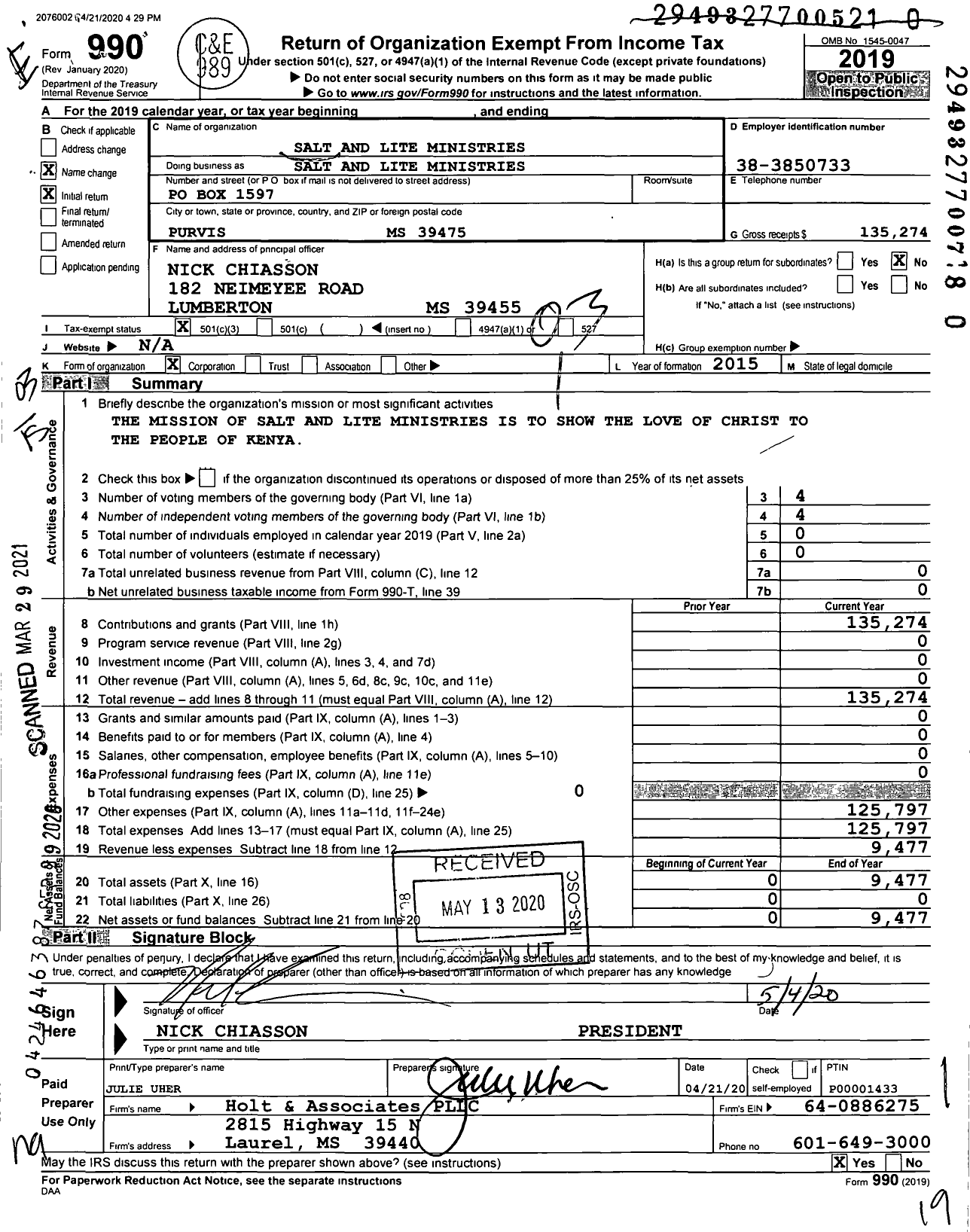 Image of first page of 2019 Form 990 for Salt and Lite Ministries