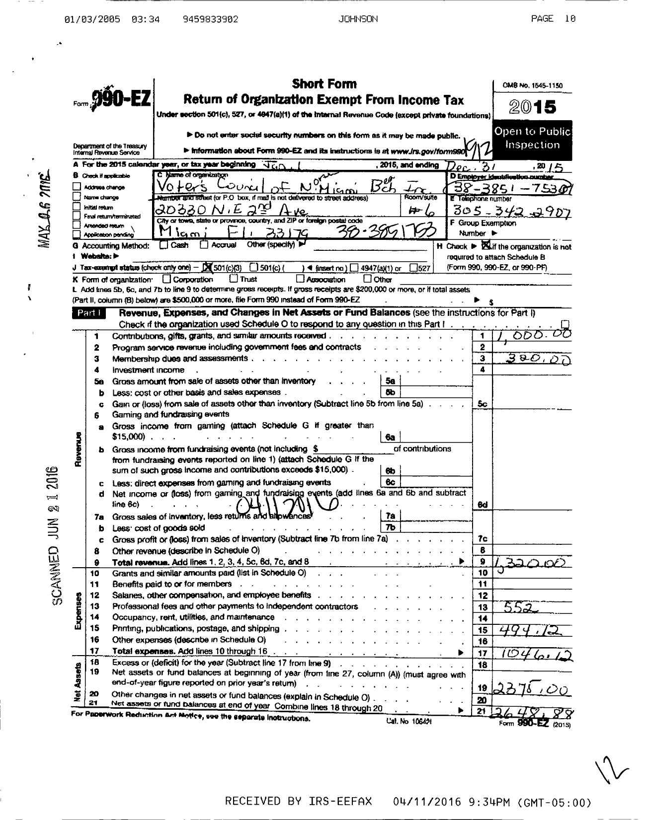 Image of first page of 2015 Form 990EZ for Voters Council of North Miami Beach