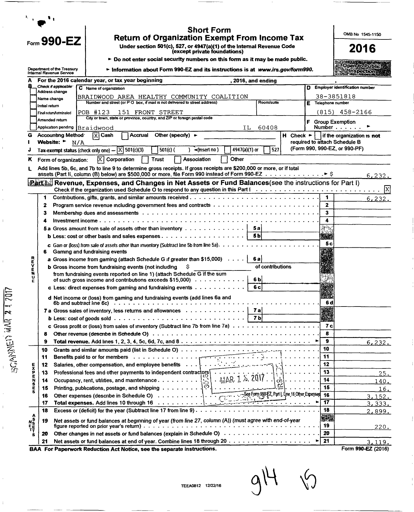 Image of first page of 2016 Form 990EZ for Braidwood Area Healthy Community Coalition